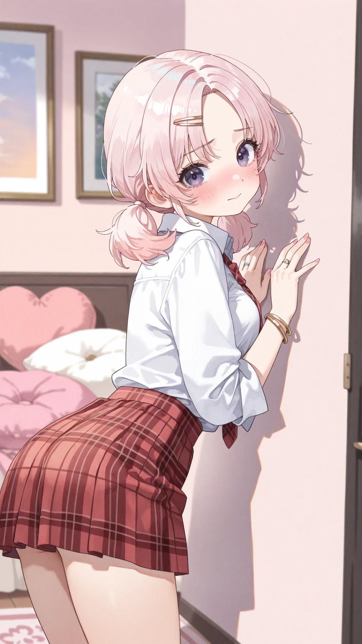 one woman, alone, middle aged, Beautiful woman、I could see the whole body、 ((short hair)), ((brown eyes, beautiful eyelashes, realistic eyes)), ((detailed face, blush:1.2)), ((smooth texture:0.75, realistic texture:0.65, realistic:1.1, Anime CG style)), glamorous body, big breasts, dynamic angle, perfect body,  ((purple transparent prowse, red mini skirt))、(Hotel stairs)、It&#39;s windy、(Very embarrassing panic smile)、looked back、I can see her ass sticking out in front of me..、Angle looking up from the bottom of the stairs、 (((I can see all your butts、Pink floral panties)))、((table top, highest quality, High resolution, perfect pixel,  4K,))), 