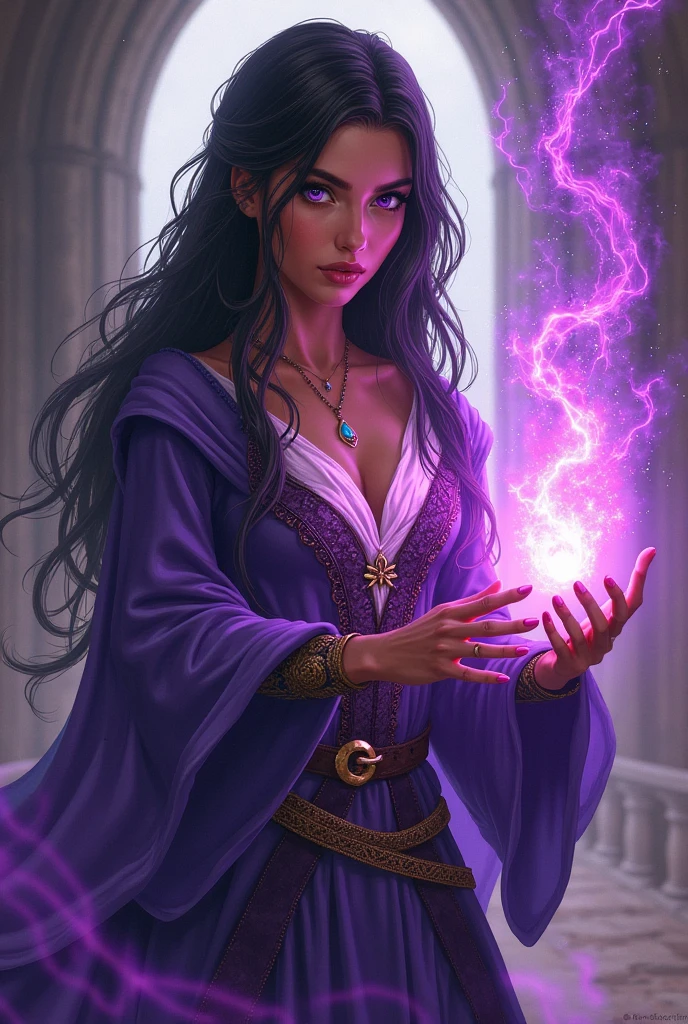 Generate a pixel art portrait of a female RPG mage. She has long black curly hair, dark light skin.