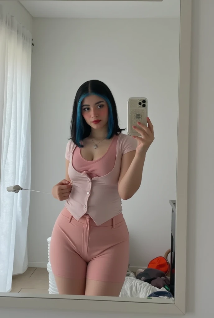 girl, 21 years old, short shoulder-length hair, pink hair color,