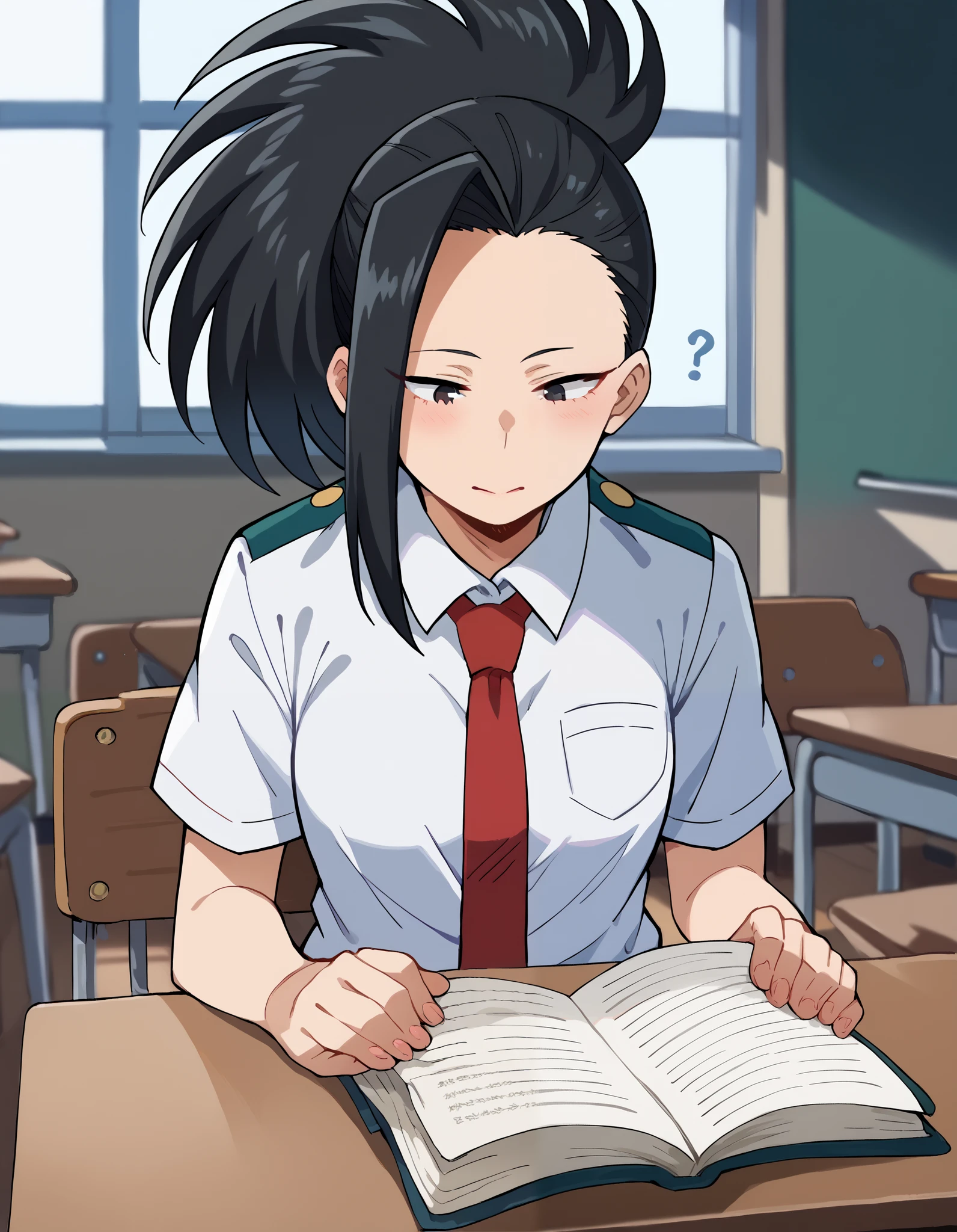 score_9, score_8_up, score_7_up, source_anime, yaoyorozumomo, yaoyorozu momo, long hair, bangs, black hair, ponytail, high ponytail, wide ponytail, shirt, school uniform, white shirt, short sleeves, necktie, collared shirt, red necktie, u.a. school uniform, indoors, classroom, sitting, chair, , cowboy shot, waking up, ((?)), half closed eyes