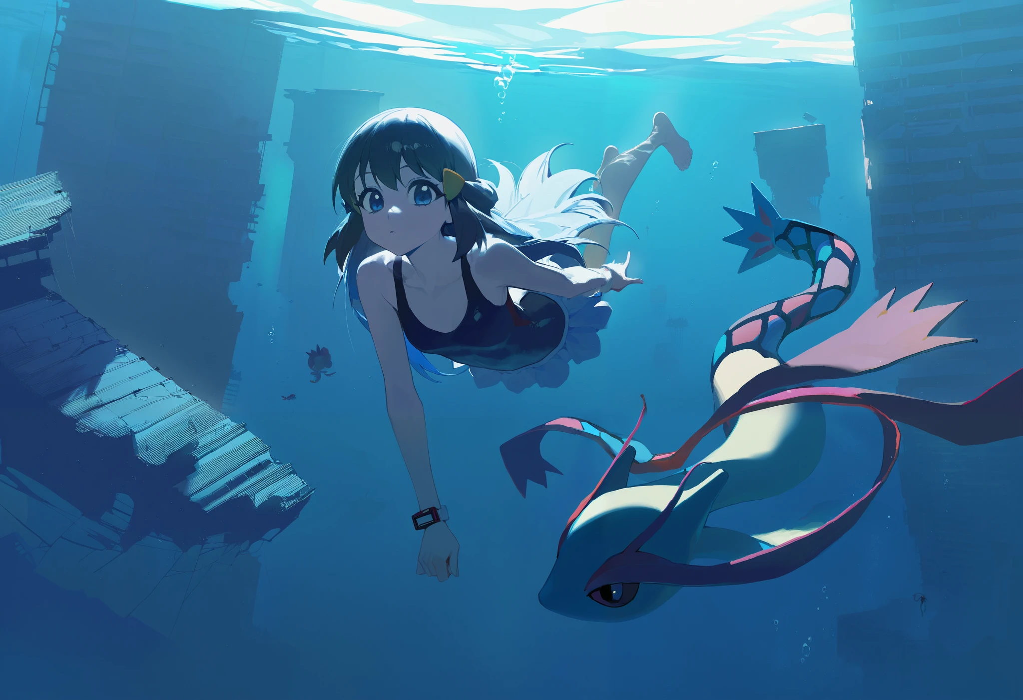 artist:ciloranko,artist:modare,artist:diyokama, astero, scenery, pokemon \(creature\),
best quality, amazing quality, very aesthetic, absurdres, best quality, masterpiece, newest,
underwater,
1girl, dawn \(pokemon\), black hair, blue eyes, swimming, one-piece swimsuit, full body, barefoot, solo, milotic,
floating ruins, destroyed buildings, underwater ruins, blue theme,Cinematic Lighting, light particles, bubbles