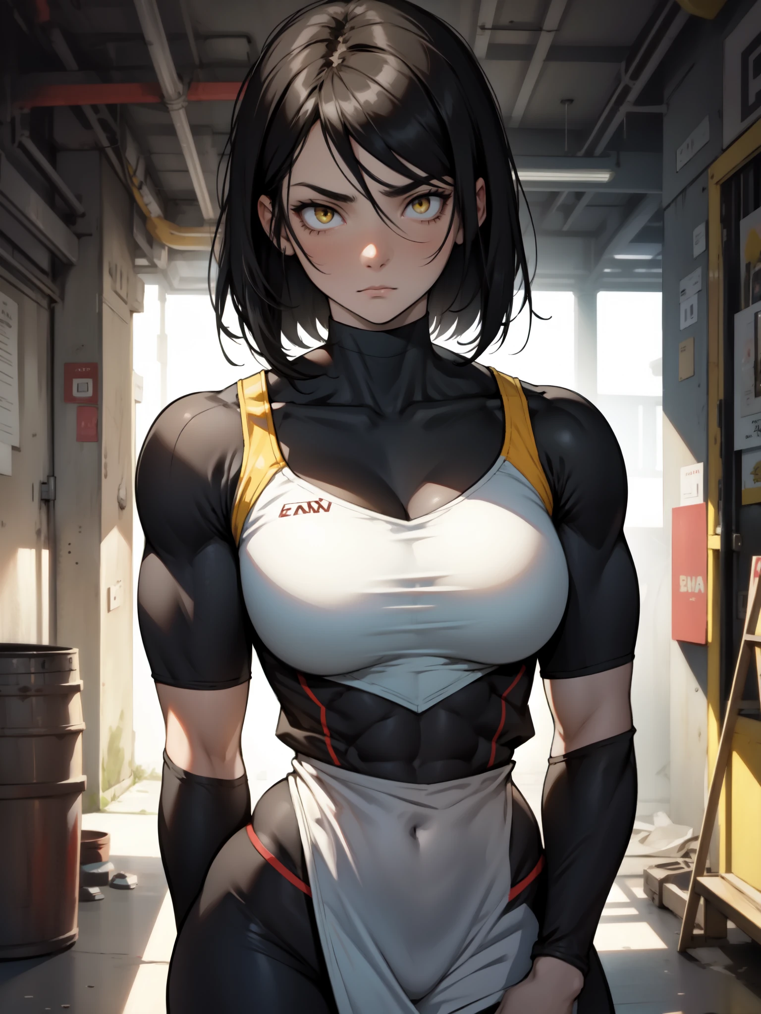 ((((girl muscular thick)))) pale skin black hair yellow eyes massive breasts body suit toned body sad frown long hair
