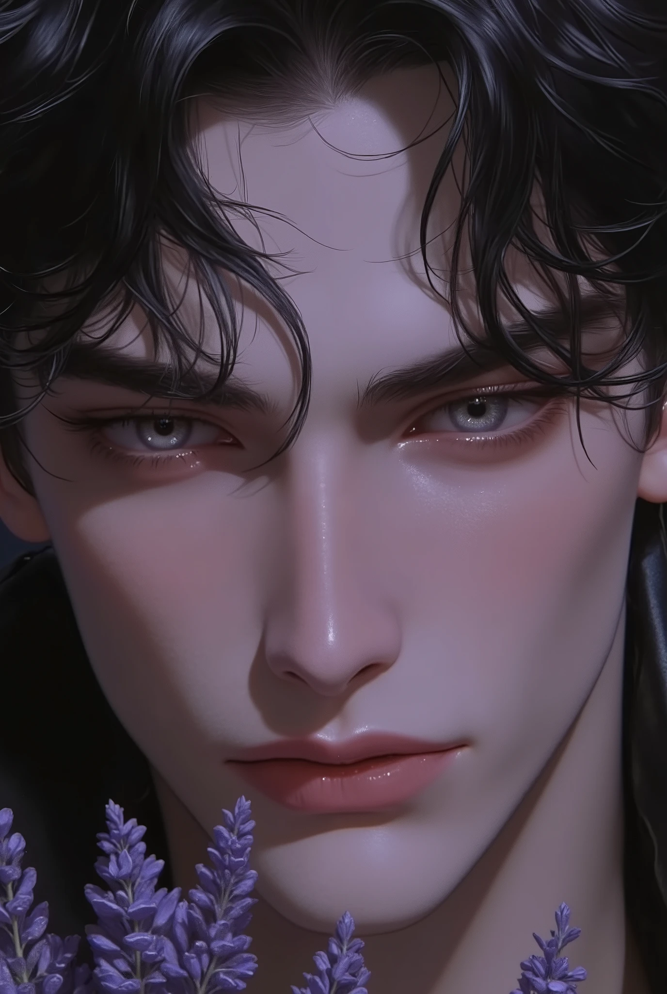 A hyper-realistic close-up portrait of an exceptionally handsome man inspired by the delicate beauty and sophistication of Italian lavender flowers. His striking eyes are a vivid shade of deep violet with flecks of pale silver, reflecting the regal and soothing qualities of lavender. They are almond-shaped with a piercing yet calming gaze, framed by thick, dark lashes that add depth and mystery to his expression.
His face is perfectly sculpted with a balanced oval shape, a defined jawline, and high cheekbones that subtly catch the light. His nose is straight and refined, complementing the harmonious proportions of his face. His lips are full and shapely, with a natural mauve-pink hue, softly curved into an inviting, confident expression that exudes elegance and quiet strength.
His hair is styled in soft, slightly disheveled waves that fall naturally, a dark charcoal black with subtle streaks of ash-gray that shimmer in the light, mirroring the texture and color tones of lavender stems. The hairstyle is effortless yet sophisticated, with a few windswept strands framing his forehead, adding a touch of rustic charm.
