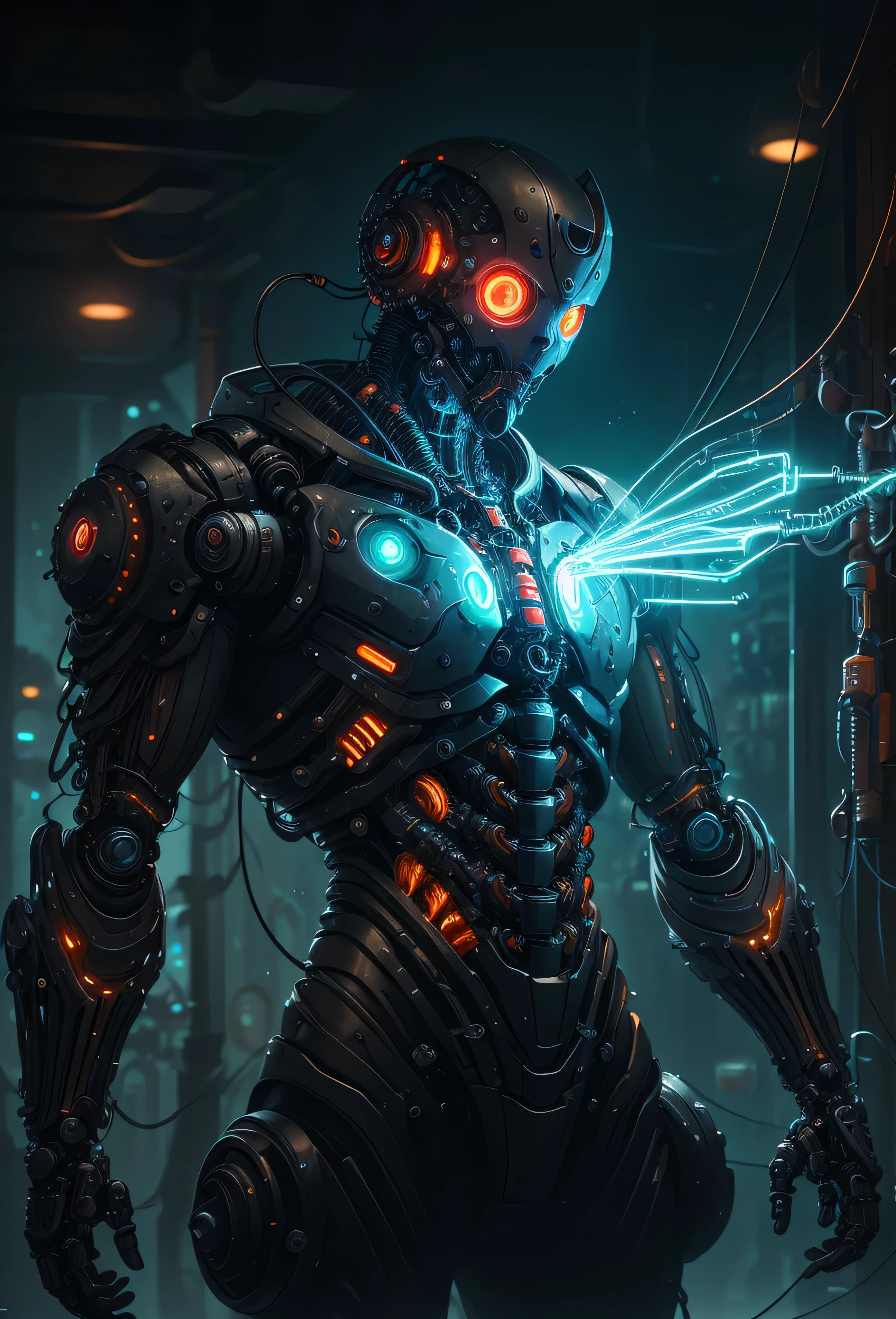human, male, 1man, 1boy, biomechanical mutant, organic matter, advanced technology, cybernetic implants, biomechanical growths, one arm is entirely replaced with a multi-functional mechanical manipulator, exposed wires, gears, built-in weaponry, torn skin revealing semi-transparent tubes filled with glowing liquid, unnatural glow eyes, cybernetic lens with multiple apertures, metal plating, organic exoskeleton, dark post-apocalyptic atmosphere, mist swirling in the air, abandoned laboratory, neon lighting, blue and red highlights, cyberpunk bio-horror aesthetic, (insanely detailed, beautiful detailed face, masterpiece, best quality), cinematic lighting, solo, cowboy shot, front view, looking at viewer, intricate, high detail, sharp focus, dramatic, photorealistic painting art by greg rutkowski