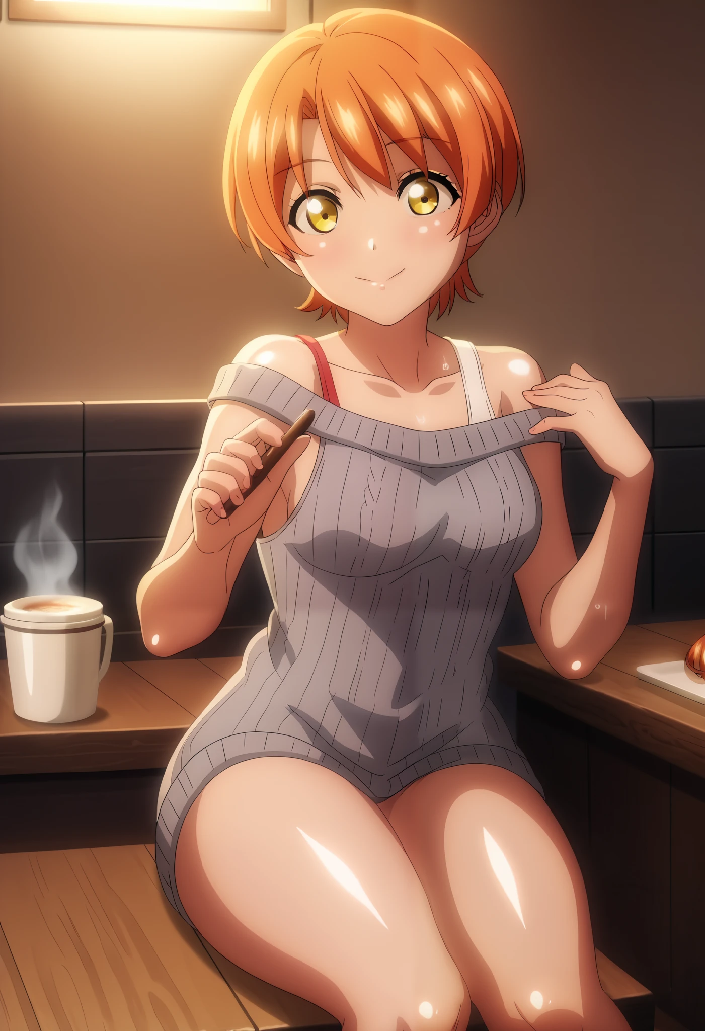 TRexStudio,source_anime, anime screencap,Shiny skin,dynamic lighting, detailed shading,moist skin, HENTAI , hoshizora rin, yellow eyes, short orange hair,cowboy shot,front view, thighs , happy,Loose off-shoulder gray sweater, Subtle pastel tank top peeking underneath, Form-fitting dark charcoal leggings, Short sleek orange bob with blunt bangs, Relaxed posture in a cozy indoor setting, One hand casually holding coffee, kitchen, sitting on wooden chair, leaning on side,one arm casually resting on chair back