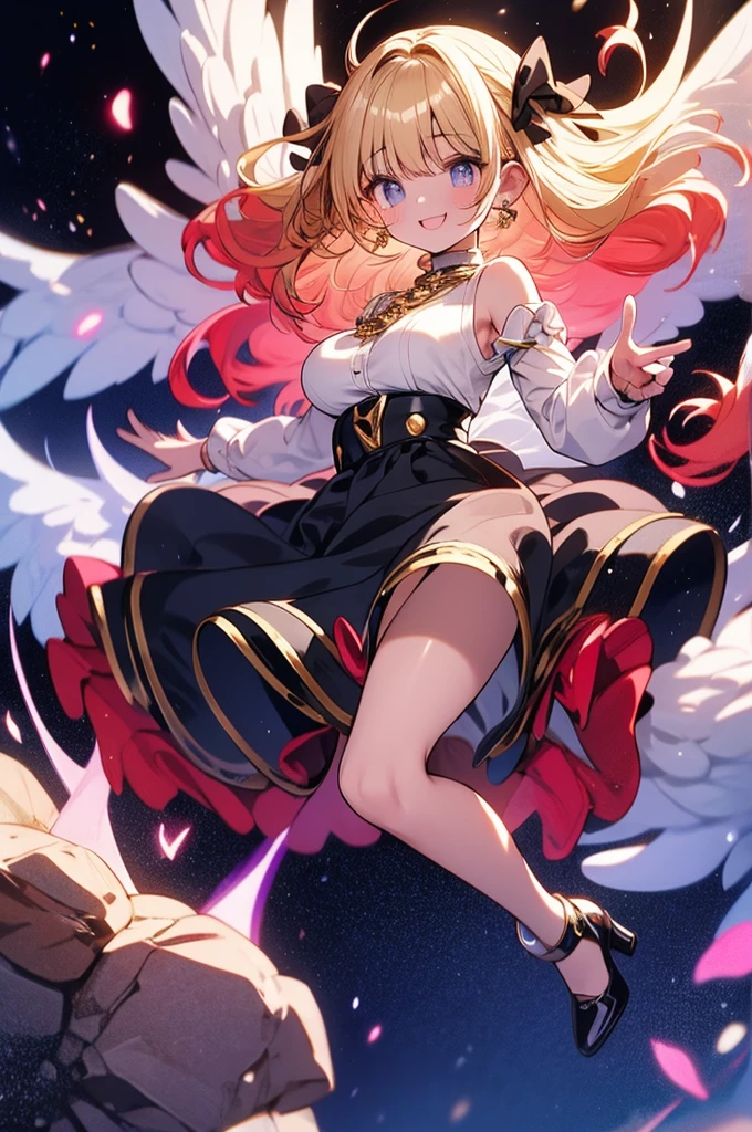 ((Highest quality)),(Ultra-high resolution),(Very detailed),(Detailed Description),((The best CG)),(A masterpiece),Ultra-detailed art,Amazing painting art,(Works with precise details:1.5), (1 female:1.6),(Beautiful and well-proportioned face:1.5),(Curly Hair:1.6),(Intricately detailed lace dress:1.8),Fine jewellery with exquisite detailing:1.5,Waist Accessories:1.5,Look at me and smile:1.5,  See-through nipples, Angel Girl, (Magnificent white angel wings on his back:1.2), Mature Woman,Descended into the church,(Pastel colored hair:1.3),(Red and black long high heel boots:1.4), (garter belt), (stockings)、 (Floating in the sky with magical powers:1.2),(Floating skirt:1.5), (Embarrassed expression, blush:1.2),（bracelet),(heart choker)