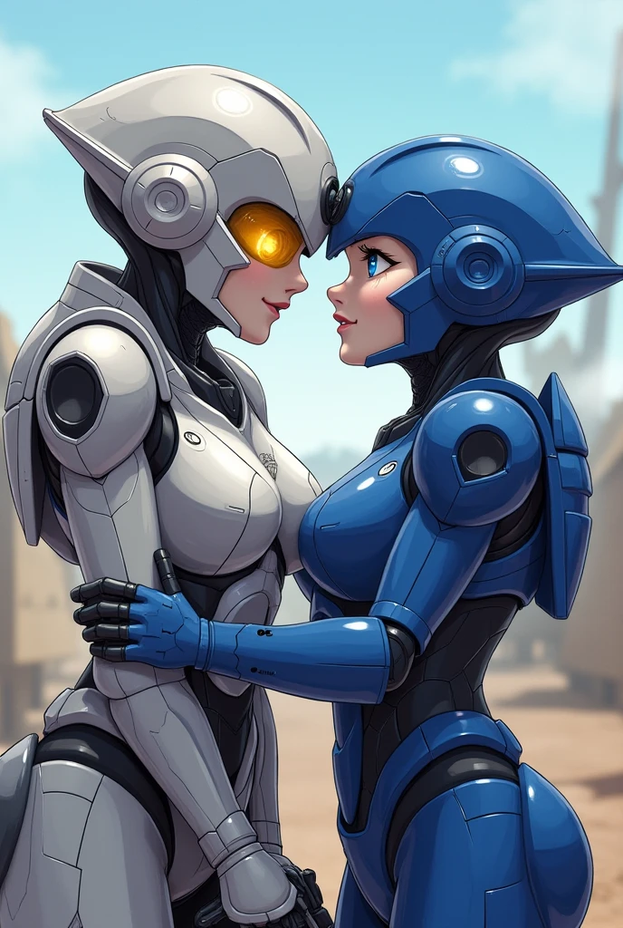 Beautiful alien landscape, 4k quality, super detailing, girl and man cyborgs hugging, unusual color combination, fantasy art, science fiction art, love, friendship, hugs
