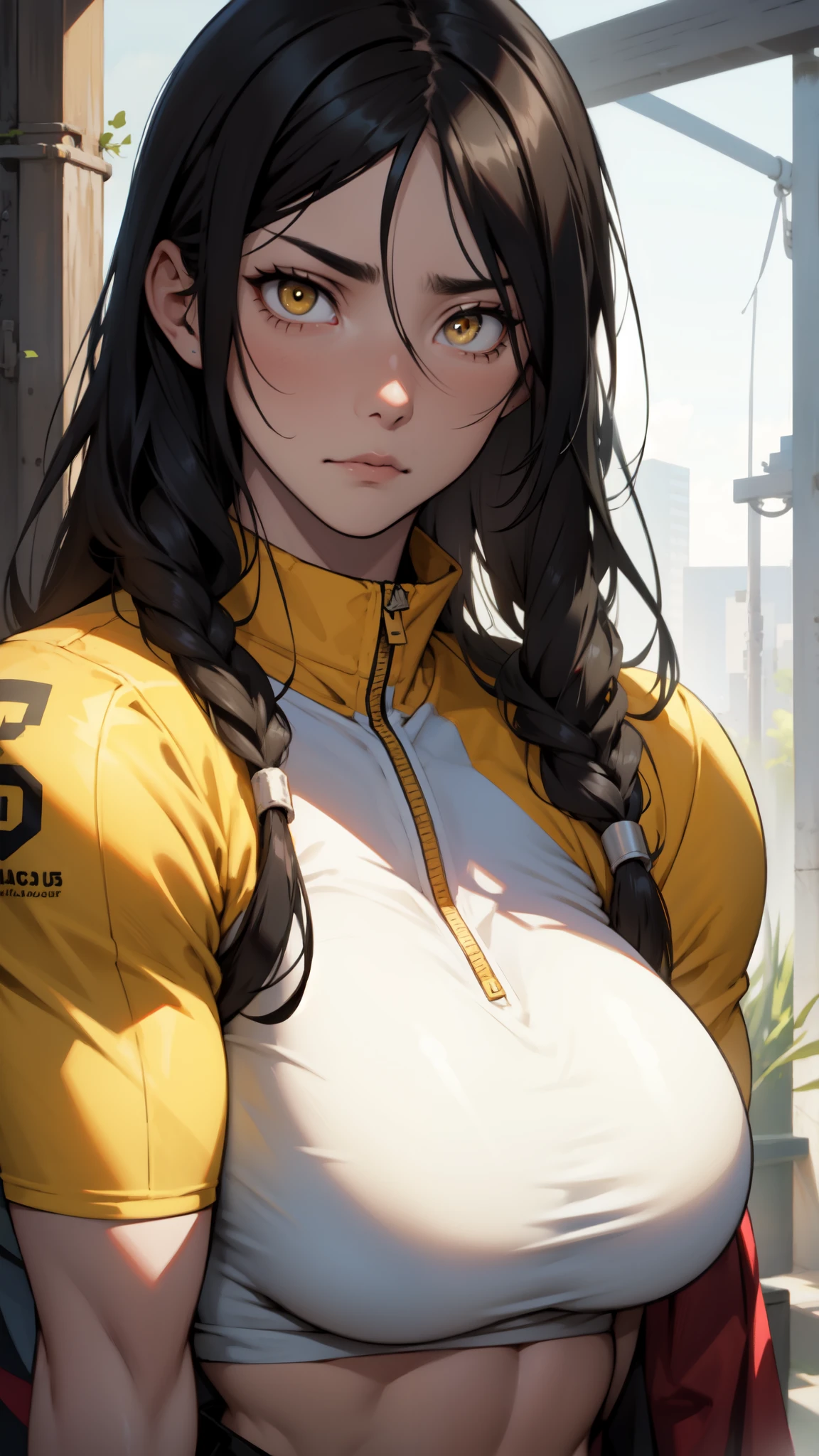 23 year old woman, yellow eyes, brown hair, brown skin, large breasts, wearing sports clothing