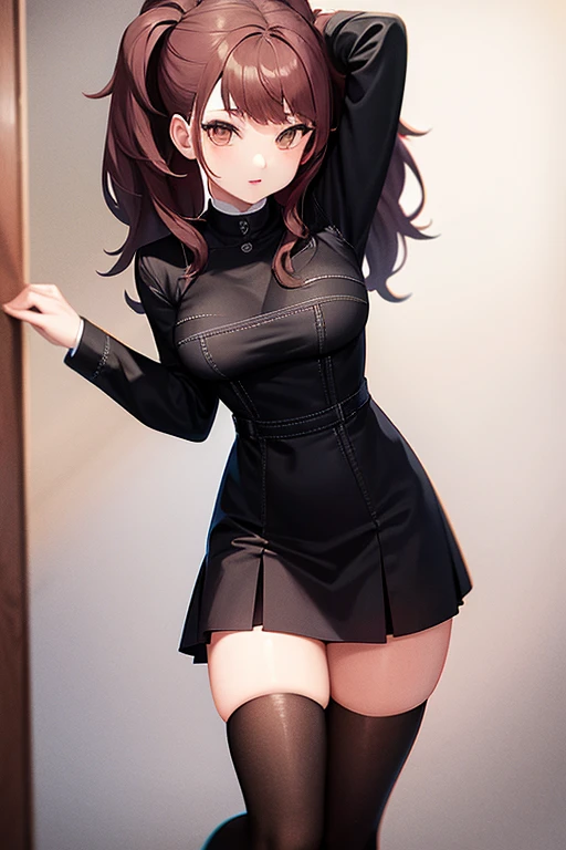 1girl, woman, bra, midriff, tight midi pencil skirt (black), long length pencil skirt, long dark brown hair, looking at viewer, full body, smile, blush, bedroom, barefoot