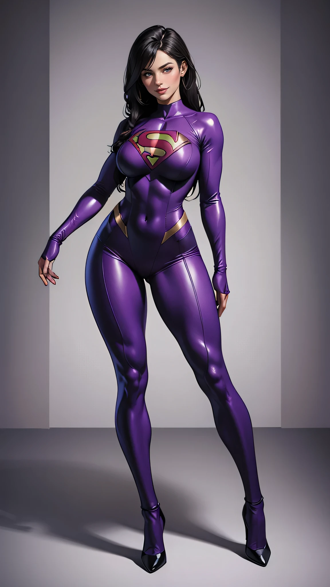 ((best quality)), ((4k)), ((highres)), ((masterpiece:1.2)). ((detailed)), ((ultra realistic)), ((intricate details)), ((full body picture)), ((character design sheet)), ((blank background)), a full body picture of a beautifull ebony female, black woman, perfect face, gorgeous face, detailed eyes, detailed lips, about 25 years old, about 6'5 ft. tall, bushy afro-crisp curly hair with a ponytail, black hair, ((emphasis on her bushy afro-crisp black curly hair with a ponytail)), athletic body, dressed in a superhero bodysuit ((emphasis on her superhero bodysuit)), purple and black outfit, ((emphasis on purple and black outfit)), multi-colored outfit, ((emphasis on multi-colored outfit)), open lab coat, scientist character, glasses, cute and nerdy character, superhero character, superhero concept art, superhero character concept art, full body, full body concept art, full body art