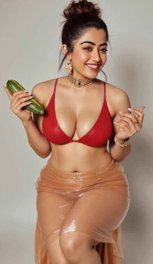 40 year old Married indian women, looking at the viewer, wearing shiny glossy and reflective finish polyester plus size ankle length long white silk skirt and transparent red bikkini ,red panties, big Fat ass, Voluptuous, wide hips,Big thighs, scooped Big breast, ,fat wide ass , thin curvy tummy, messy bun, lipstic, smiling face,strap high heels, Jewellery, sitting on a small stool, hlding a big cucumber in right hand, ornaments, white skin tone, ( a quarter side view)
