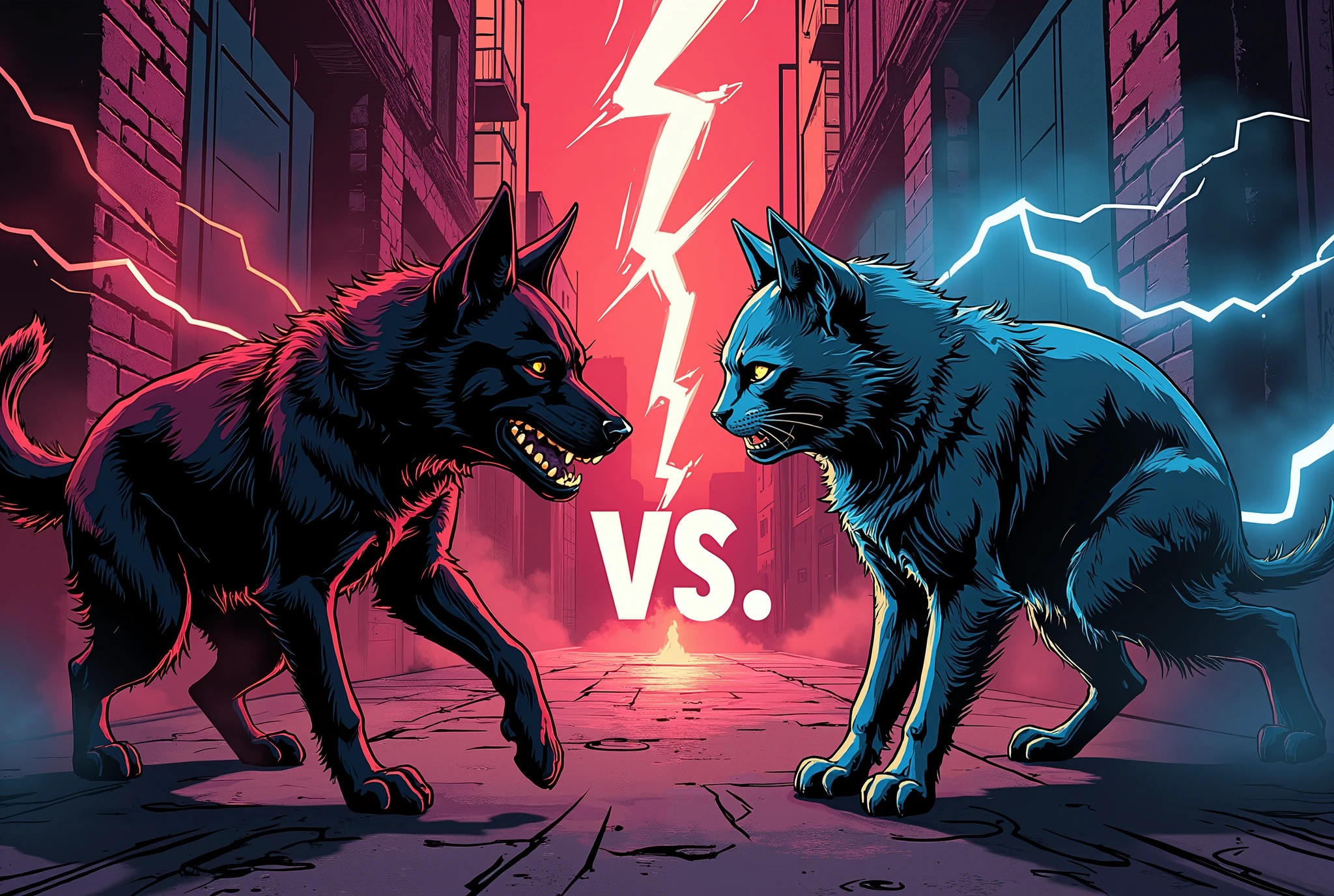 ( Masterpiece:1.2, excellent quality,Mirror Finish , Cinematic Experience , Best Illustrated :2.0), ultra high resolution, very detailed,8k,wallpaper,(犬vs猫:2.0),(Battle Royale:2.0),( Ninxia comic depicting a territorial dispute between dogs and cats :2.0),( draw lightning in the center of the screen to split the screen:2.0)( and the left side of the screen is text like lightning of dog faction :2.0)(The right side of the screen is cat faction :2.0),(The background is a back alley:2.0),( they stare at each other:2.0),( minimalist:2.0),( comical :2.0),( manga style:2.0),( in the center of the screen "vs" :2.0),( from below:2.0),( dynamic:2.0)