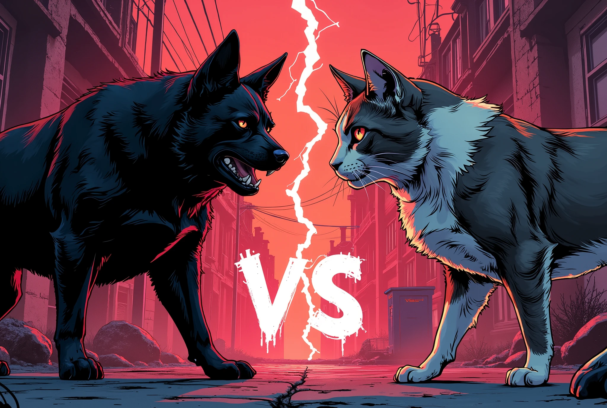 ( Masterpiece:1.2, excellent quality,Mirror Finish , Cinematic Experience , Best Illustrated :2.0), ultra high resolution, very detailed,8k,wallpaper,(犬vs猫:2.0),(Battle Royale:2.0),( Ninxia comic depicting a territorial dispute between dogs and cats :2.0),( Draw lightning in the center of the screen to split the screen:2.0)( and the left side of the screen is text like lightning of dog faction :2.0)(The right side of the screen is cat faction :2.0),(The background is a back alley:2.0),( they stare at each other:2.0),( minimalist:2.0),( comical :2.0),( manga style:2.0),( in the center of the screen "vs" :2.0),( from below:2.0),( dynamic:2.0)