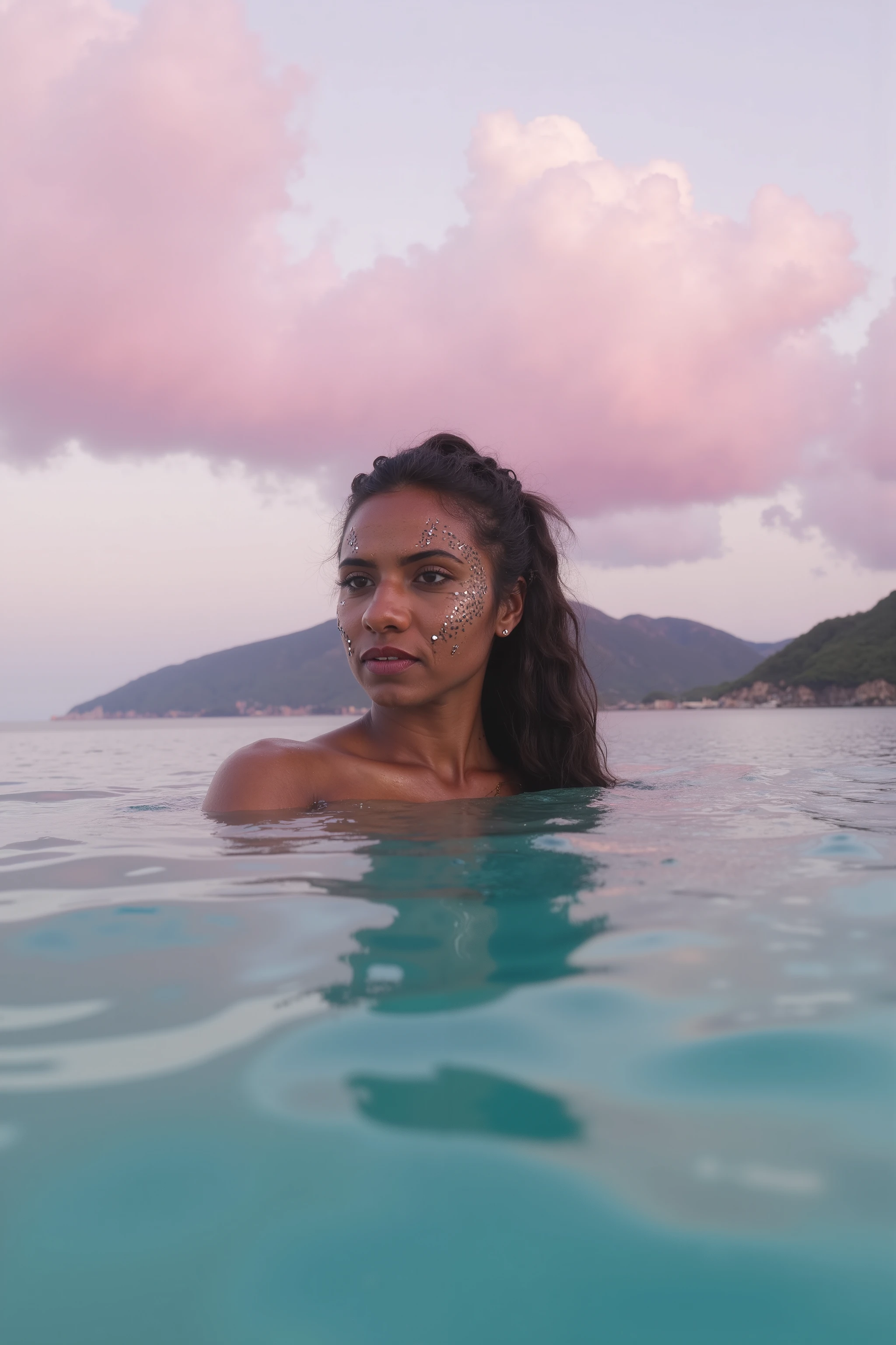 Dreamy pink clouds over the sea near Japan with a beautiful african american mermaid with tribal face paint and a funky vibe, piercings and soulful smile 