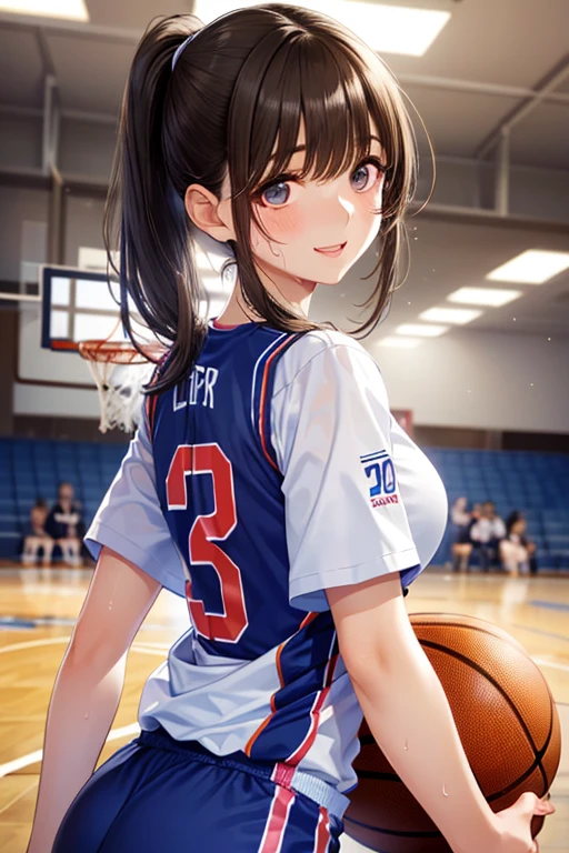 (8K,  best quality,  masterpiece :1.2), ( actual , photo- actual :1.37),  super detailed, best quality,  super high resolution , Professional lighting, Photon Mapping, Radiosity, Physical Rendering,  movie lighting, Basketball Court,Depth of Field,  clearly focused ,Sunlight, Good composition,(Bokeh:1.2) 1 Girl, alone ,(whole body), (Shut up),  detailed eyes , posture, Slim waist,Basketball uniforms,  dark hair, Messy Hair , long hair fluttering ,(ulzzang-6500:1.2),  Mix 4, High body