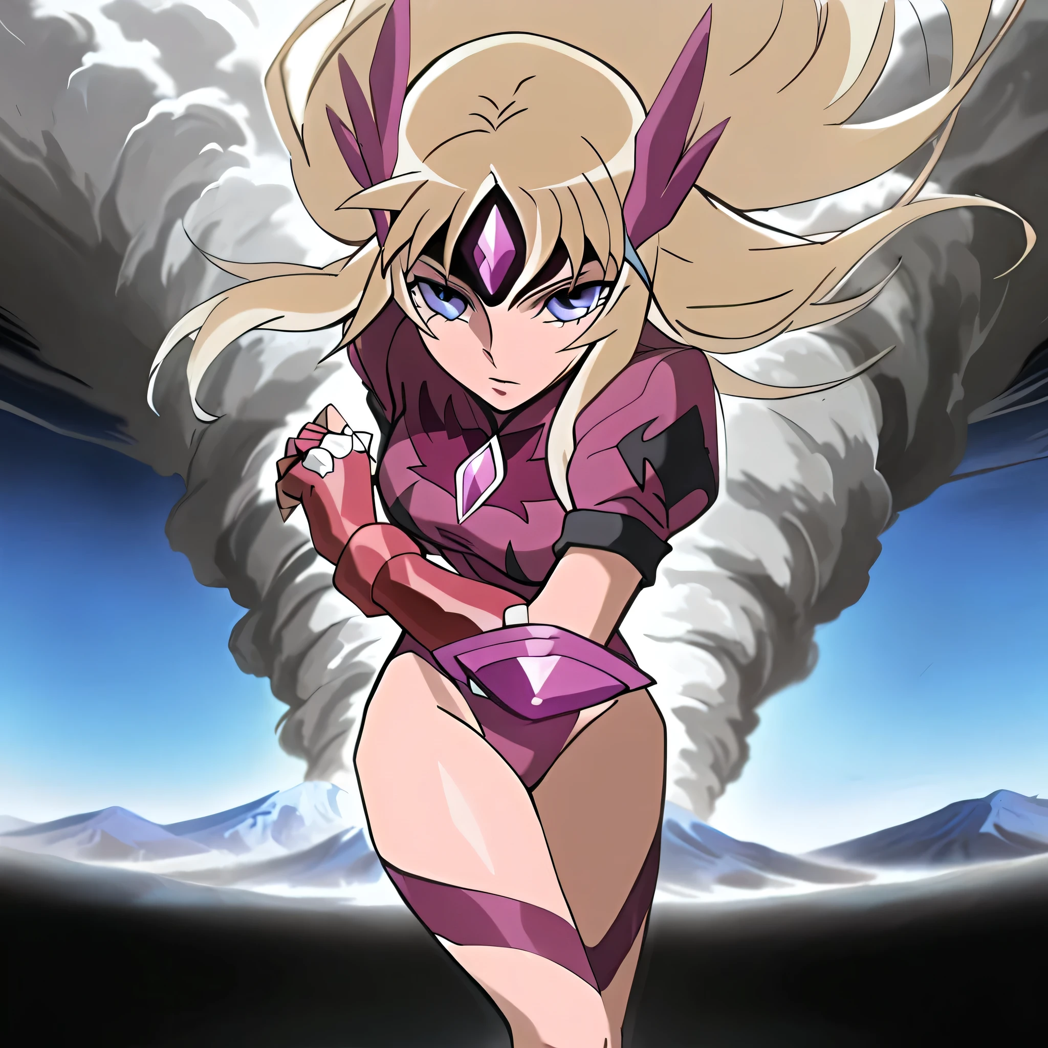 anime, (masterpiece), (best quality), (ultra-detailed), (best illustration), (best shadow), (absurdres), (detailed background), (very aesthetic), shiny, detailed beautiful eyes, outstanding, countershading, detailed soft lighting, an exquisite animation illustration, 1girl, solo, anheang, Dollsuit, thighthigh, dark persona, empty eyes, expressionless, blank eyes, looking at viewer, red gloves, full body, emotionless, Fighting Stance, hair ornament, submissive pose, seductive pose, medium breast, Aquila Yuna, long hair, blonde hair, brown hair, blue eyes, purple eyes, anime coloring, kicking, speed line, kicking at viewer, tornado, wind, hurricane