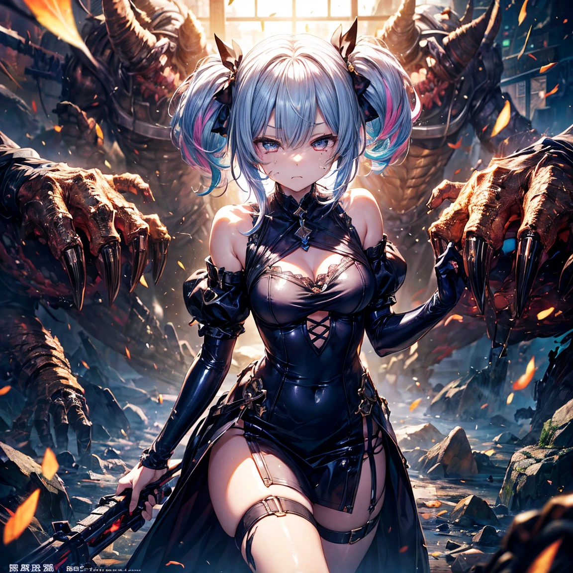 ((best quality, masterpiece, 4k, 8k, high res)), ((Solo)), ((vicious, extremely violent, attacking, fighting)), ((furry; Anthro Wolf)), moist, blue hair, attacking, ferocious, fangs, full body, female werewolf, sexy, vibrant colors, (edgy punk hairstyle), knight armor, well-toned abs, Victorian dress, goth corset