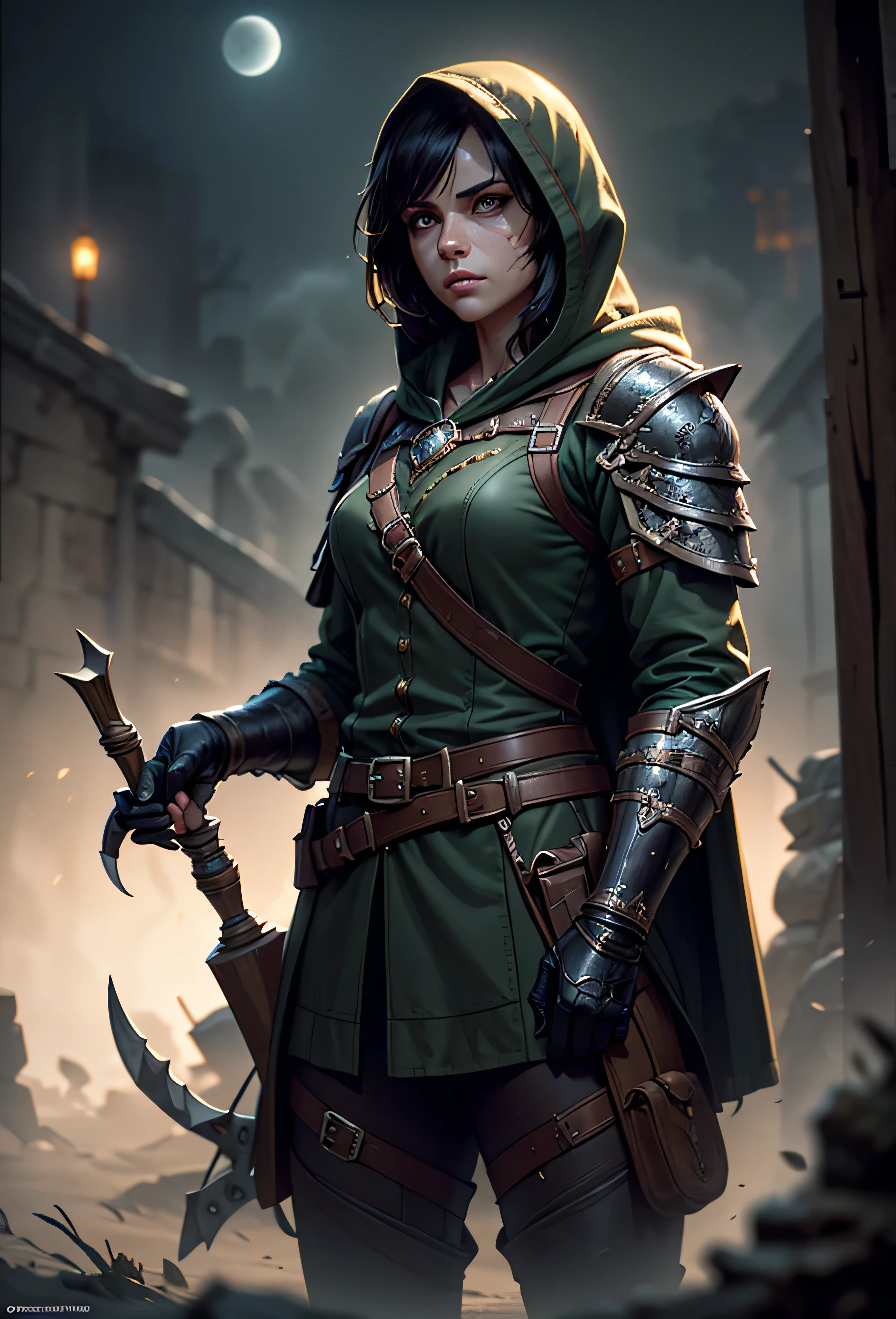 human, 1female, 1woman, 1girl, rugged monster hunter, standing, foggy moonlit battlefield, weathered coat, armor bearing the scars battles, grips crossbow loaded with enchanted bolts, monster-hide leather gloves, belt, glowing alchemical potions, face shadowed by hood, twisted claws, monstrous skulls, and traces of dark ichor staining the ground, (insanely detailed, beautiful detailed face, masterpiece, best quality), cinematic lighting, solo, cowboy shot, front view, looking at viewer, intricate, high detail, sharp focus, dramatic, photorealistic painting art by greg rutkowski