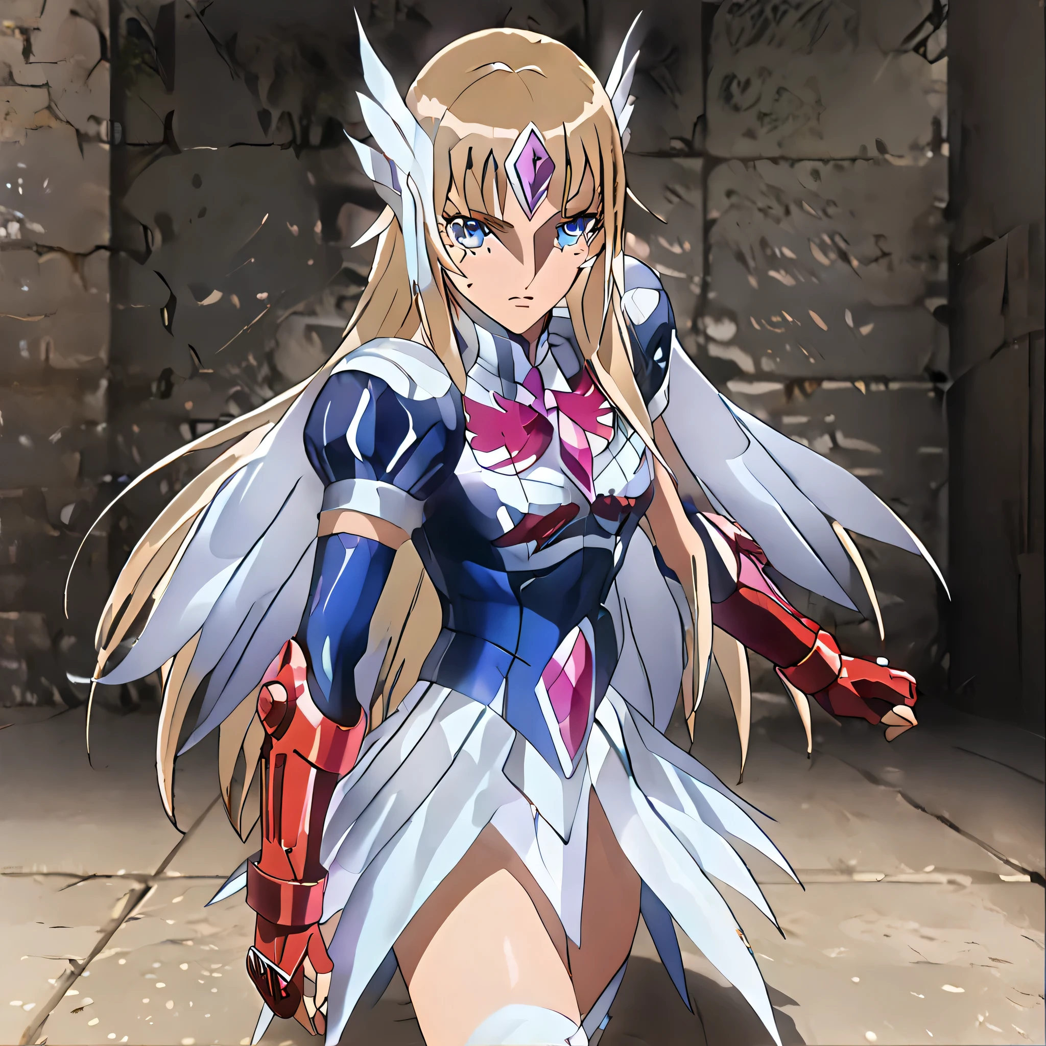 anime, (masterpiece), (best quality), (ultra-detailed), (best illustration), (best shadow), (absurdres), (detailed background), (very aesthetic), shiny, detailed beautiful eyes, outstanding, countershading, detailed soft lighting, an exquisite animation illustration, 1girl, solo, anheang, Dollsuit, thighthigh, dark persona, empty eyes, expressionless, blank eyes, looking at viewer, red gloves, full body, emotionless, Fighting Stance, hair ornament, submissive pose, seductive pose, medium breast, Aquila Yuna, long hair, blonde hair, brown hair, blue eyes, purple eyes, anime coloring,