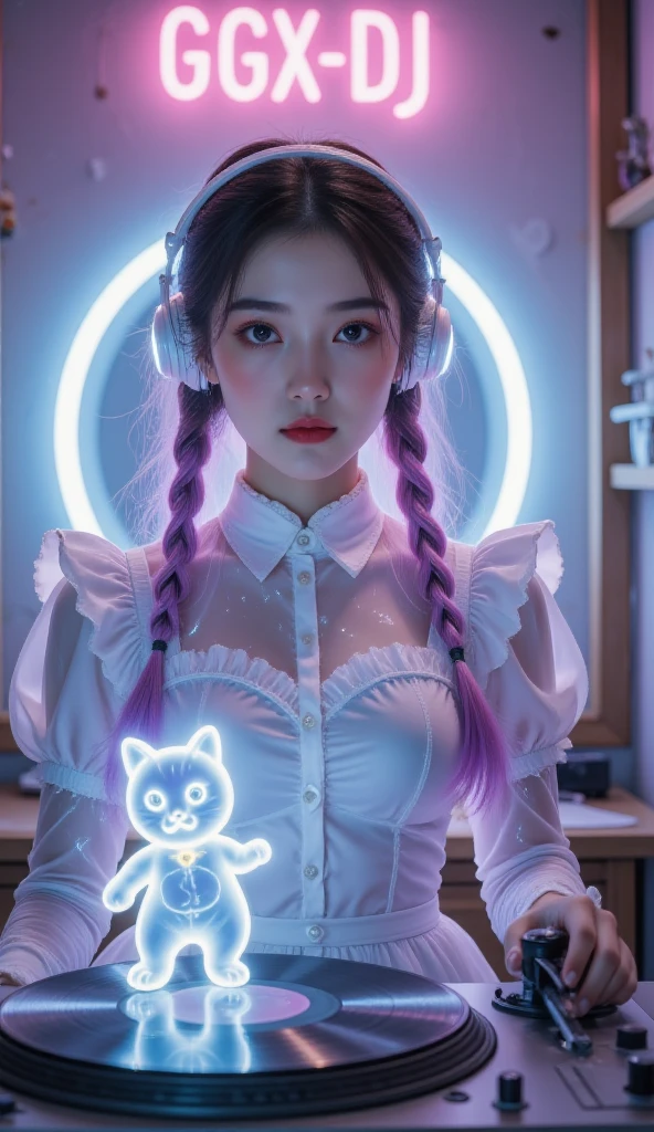 Black and light blue with silver and pink hair、Photorealsitic, hight resolution, Heterochromia eyes, small moles under eyes、bob cuts、Blunt bangs、Lucy\(cyberpunked\), 1girl in, hair scrunchie, hime-cut, silber hair, Color Chip, fullmoon, grey eyes, white shirt, Black tie、Black shorts、long-sleeve, (Look at viewers), Medium Hair, O cabelo multicolorido, Bangs parting, cparted lips, A pink-haired, Red Eyeliner, red-lips, 独奏, White jacket, cyberpunked\(Series\), Rainy night in cyberpunk city with glowing neon lights,frombelow, yes、all-fours、Huza