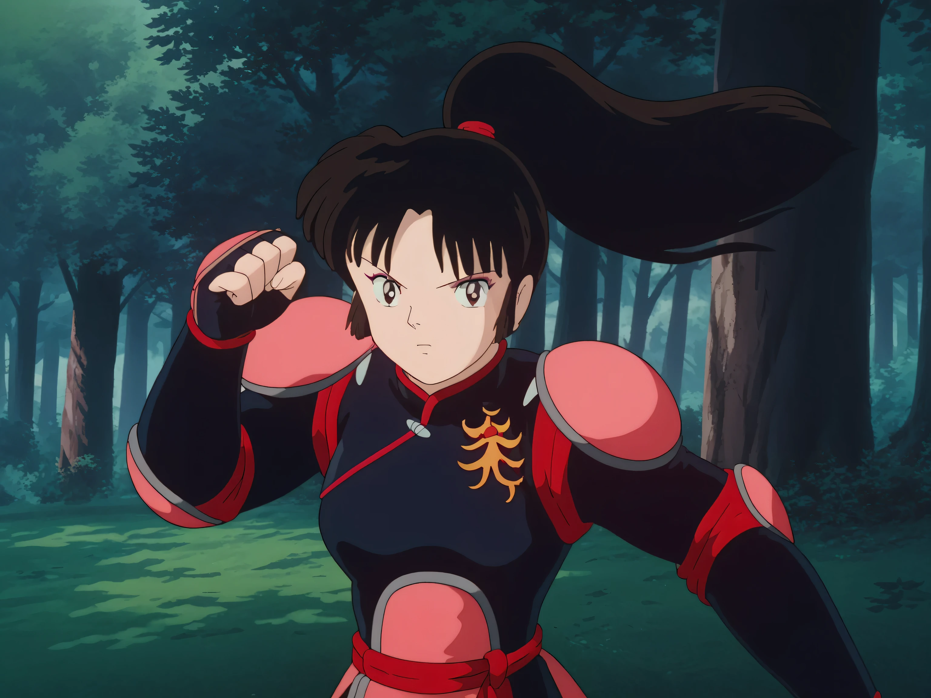 score_9, score_8_up, score_7_up, source_anime,
inuyashasango, sango, long hair, black hair, brown eyes, retro artstyle,
ponytail, armor, bodysuit, pilot suit,
outdoors, forest, nature,
looking at viewer, fighting stance,ghibli_style