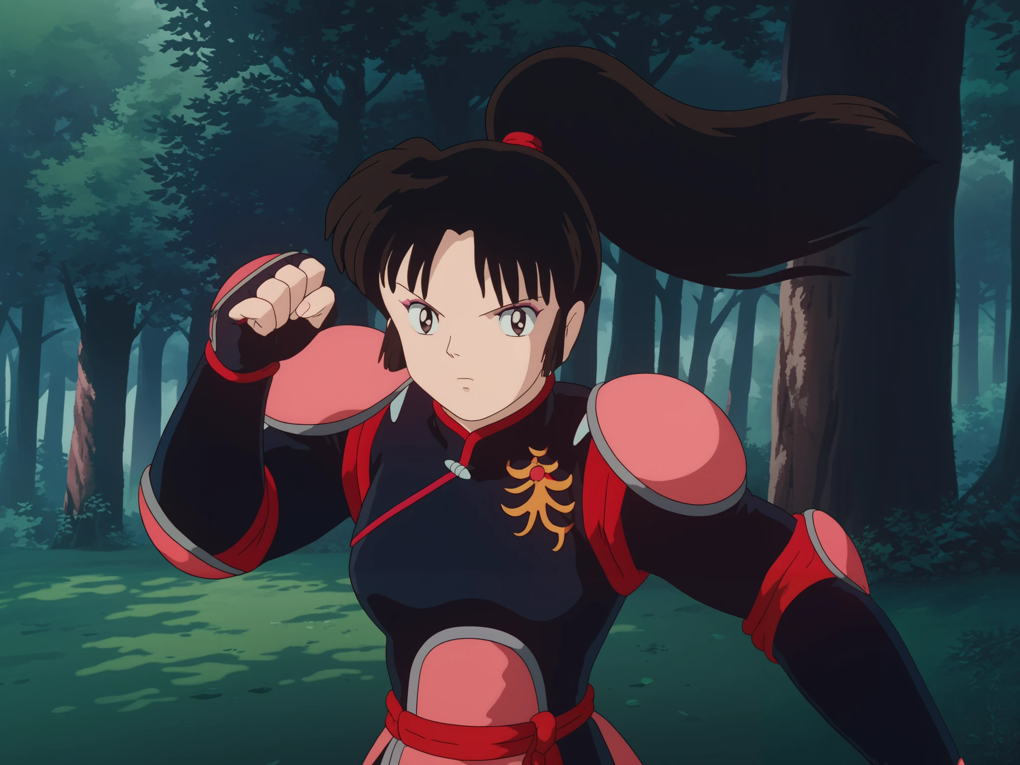 score_9, score_8_up, score_7_up, source_anime,
inuyashasango, sango, long hair, black hair, brown eyes, retro artstyle,
ponytail, armor, bodysuit, pilot suit,
outdoors, forest, nature,
looking at viewer, fighting stance,ghibli_style