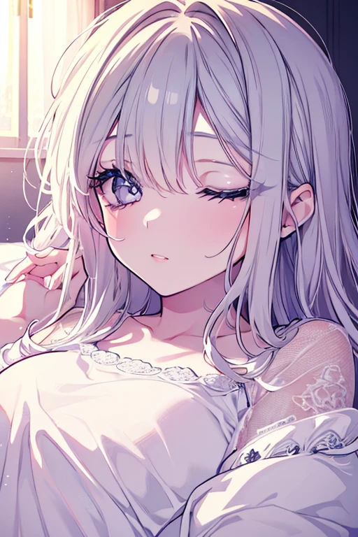 (highest quality、masterpiece、High resolution、be familiar with), 1 girl, (light blue lingerie:1.3), (Cute Smile),(shining eyes、be familiar with美しい顔)、 (beautiful anime)、(exposure of skin:1.3)、(white pink hair conner color), (whole body)、最もbe familiar with、(Bedroom、on the bed)、(highest quality、masterpiece、High resolution、be familiar with)、cute anime、bright background、feminine room、dynamic angle