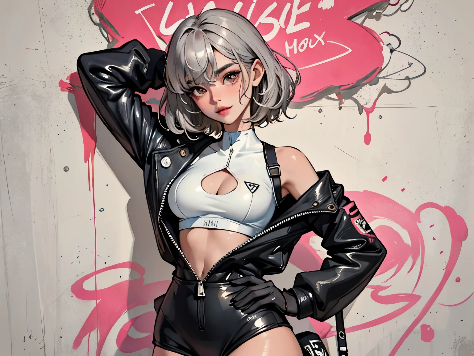 (score_9,score_8_up,score_7_up),1woman,solo,source_anime,mature,big sister,middle age,black gothic punk clothes, harness, (white doctor lab coat), femme fatale, adult woman, blonde pixie cut hair, blue eyes, dark tanned skin, high platform shoes