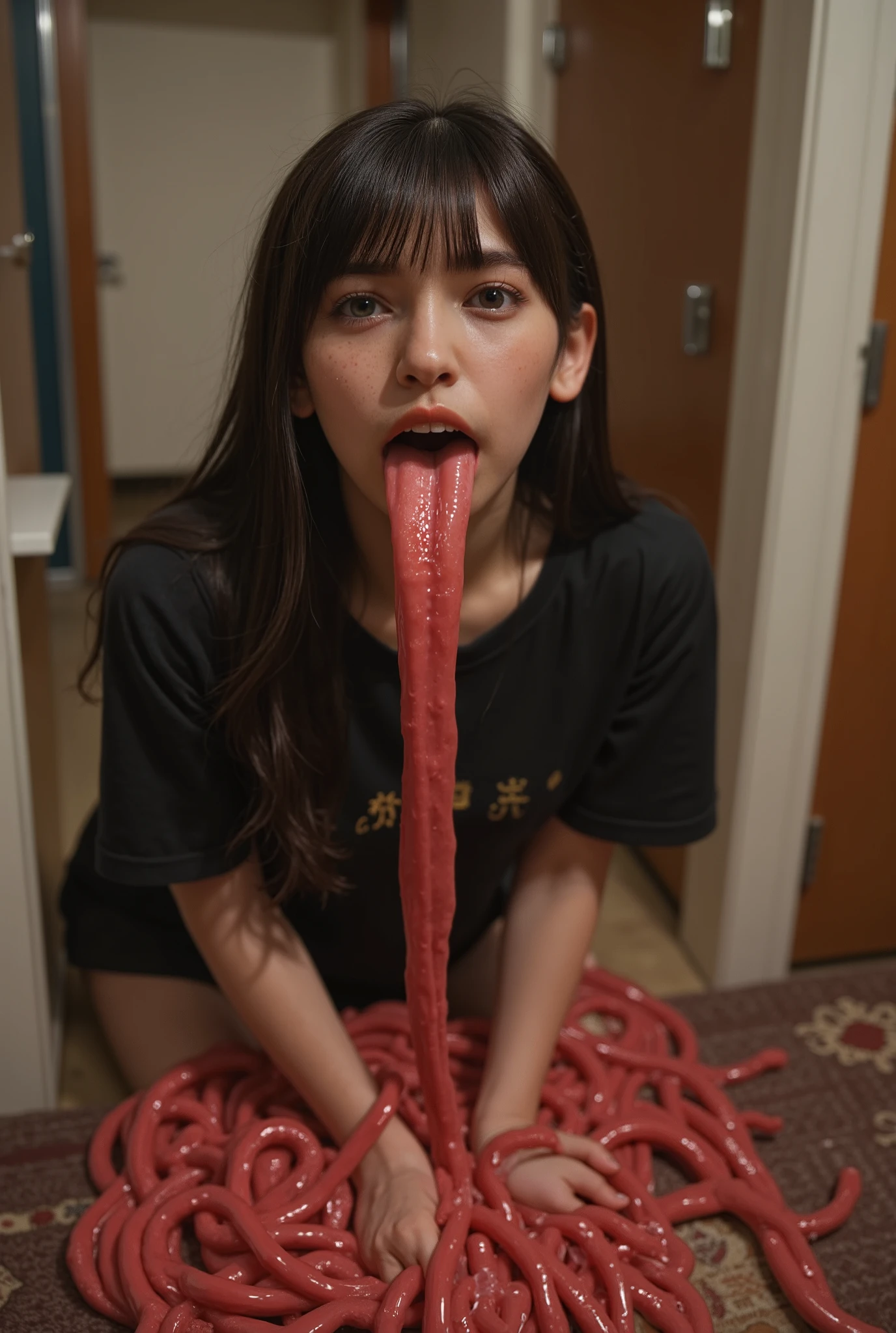 a beautiful female gothic punk college student in her dorm showing off her very thick long tongue. ( she is sticking out her endlessly long tongue:3.2), (the whole space of the floor is filled with her long tongue: 3.2), ( her long tongue pile up infinitely and take up the most of the room:3.2), (her body is concealed with room-filling long tongue:3.2), standing, full body, opening her mouth, She has Brunette Comb-Over with Tapered Sides and hair detailed skin texture, (blush:0.5), (goosebumps:0.5), subsurface scattering, zoom out