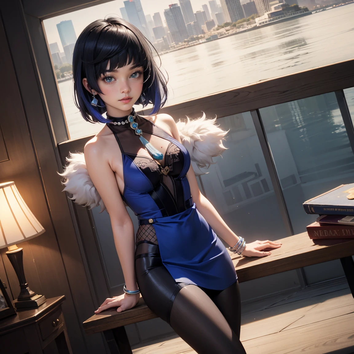 (Pixel art: 1.2), Beautiful Gothic Woman, Sexy Goth Girl, Designer sweatshirt coat with logo, pants, Short black hair with blue tips, Bedroom, Lying in bed, (Isaac Quek: 0.8) [By Ilya Kuvshinov: 0.65]
