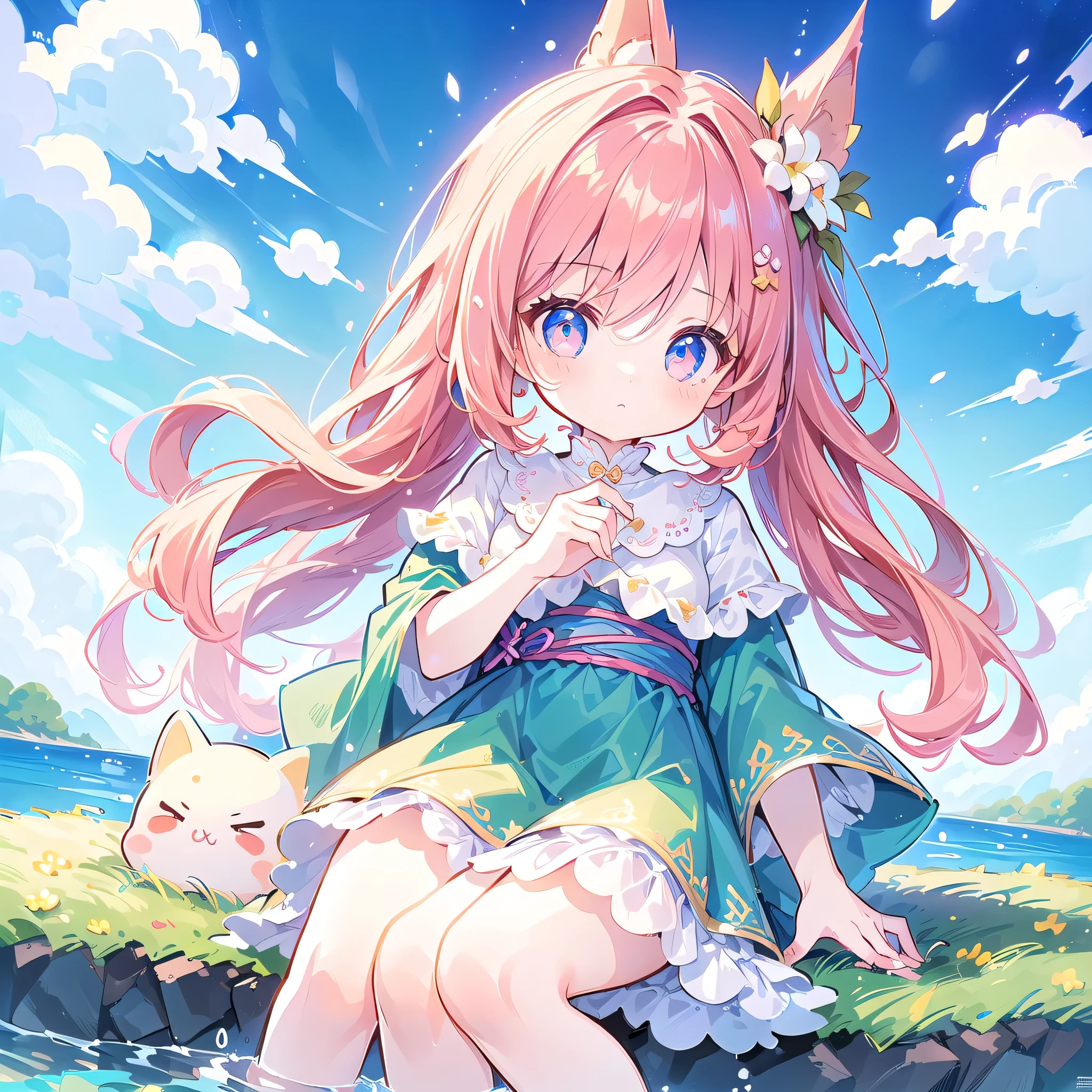 1 girl, pretty 、baby dynamic best composition 、 very detailed、 top quality、 Greatest Masterpiece 、 high image quality、 perfect anatomy )))、 sitting by the river and playing with fairies、 chibi、 cute、