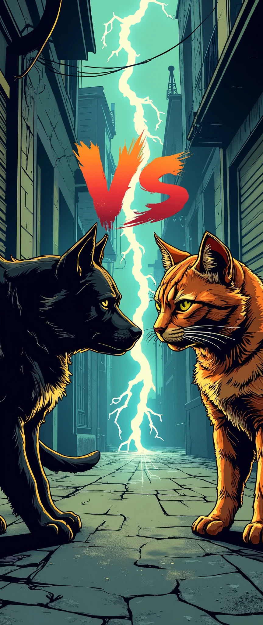 ( Masterpiece:1.2, excellent quality,Mirror Finish , Cinematic Experience , Best Illustrated :2.0), ultra high resolution, very detailed,8k,wallpaper,(犬vs猫:2.0),(Battle Royale:2.0),( Ninxia comic depicting a territorial dispute between dogs and cats :2.0),( draw lightning in the center of the screen to split the screen:2.0)( and the left side of the screen is text like lightning of dog faction :2.0)(The right side of the screen is cat faction :2.0),(The background is a back alley:2.0),( they stare at each other:2.0),( minimalist:2.0),( comical :2.0),( manga style:2.0),( in the center of the screen "vs" :2.0),( from below:2.0),( dynamic:2.0)