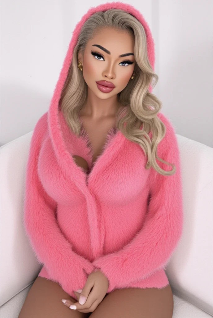 Black Female character wearing a pink 2 piece lingerie with a pink fur coat, pink fur jacket on, fur hoodie over her head, shades on her eyes, front-facing and sitting straight with her hands folded in front of her. Her blonde hair partially covers her face, adding an air of mystery, while her face conveys a calm, focused expression. The character is centered in the image, with a minimalistic design and a clean white background. The overall ambiance should highlight simplicity, sharp detailing, and a futuristic aesthetic. The image should reflect a sleek, tech-savvy look, using smooth lines and vibrant colors, presented in 8k resolution, emphasizing the character’s intense focus and modern style.