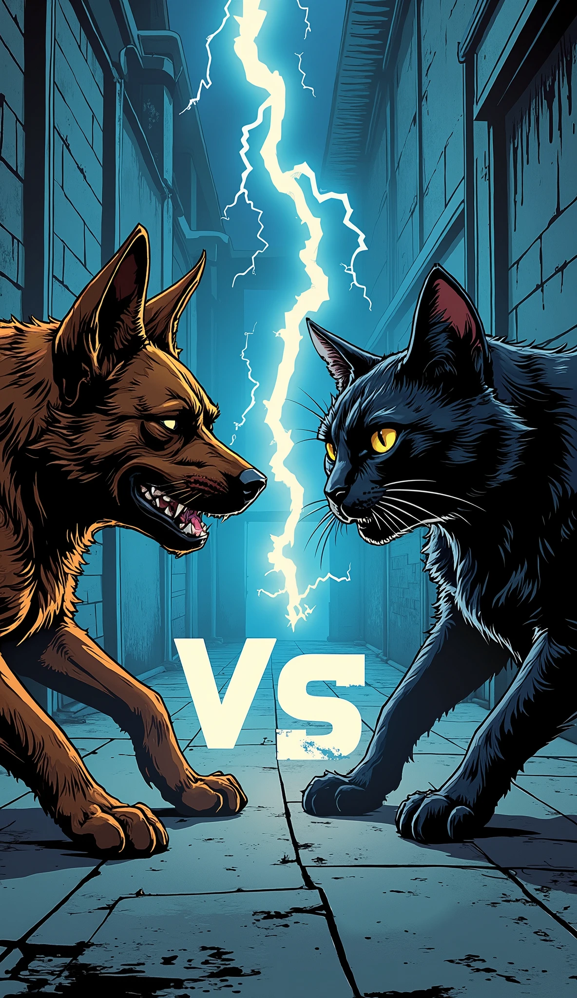 ( Masterpiece:1.2, excellent quality,Mirror Finish , Cinematic Experience  , Best Illustrated  :2.0), ultra high resolution, very detailed,8k,wallpaper,(犬vs猫:2.0),(Battle Royale:2.0),( Ninxia comic depicting a territorial dispute between dogs and cats :2.0),( draw lightning in the center of the screen to split the screen:2.0)( and the left side of the screen is text like lightning of dog faction :2.0)(The right side of the screen is cat faction :2.0),(The background is a back alley:2.0),( they stare at each other:2.0),( minimalist:2.0),( comical :2.0),( manga style:2.0),( in the center of the screen "vs" :2.0),( from below:2.0),( dynamic:2.0)

