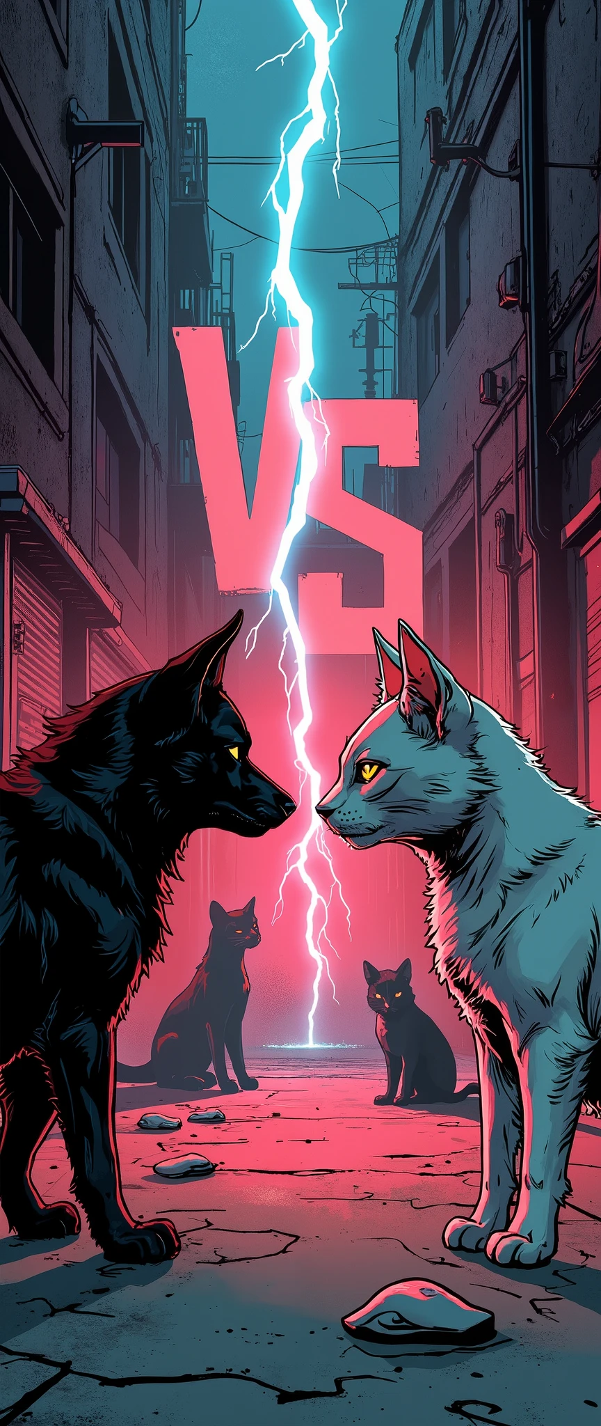 ( Masterpiece:1.2, excellent quality,Mirror Finish , Cinematic Experience , Best Illustrated :2.0), ultra high resolution, very detailed,8k,wallpaper,(犬vs猫:2.0),(Battle Royale:2.0),( Ninxia comic depicting a territorial dispute between dogs and cats :2.0),( draw lightning in the center of the screen to split the screen:2.0)( and the left side of the screen is text like lightning of dog faction :2.0)(The right side of the screen is cat faction :2.0),(The background is a back alley:2.0),( they stare at each other:2.0),( minimalist:2.0),( comical :2.0),( manga style:2.0),( in the center of the screen "vs" :2.0),( from below:2.0),( dynamic:2.0)