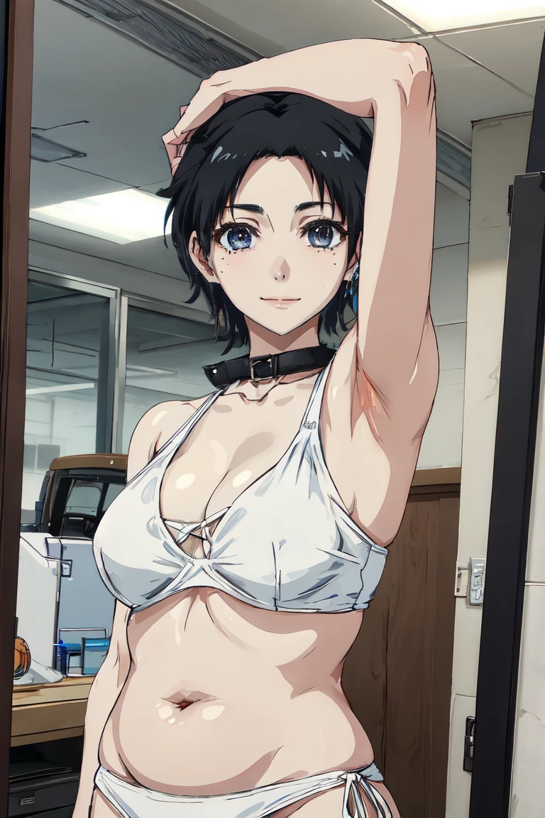 Looking into the camera、When I Look at You、lookatviewer、Anime Style、Eroge、1 Girl, (Huge long breasts:1.2), (Black sports bra、Cleavage:1.2,Tight sports bottoms)、Low Angle、Brown haired, hair band、Short Bob Hair、The forehead is visible、smile,Round Breasts、woman