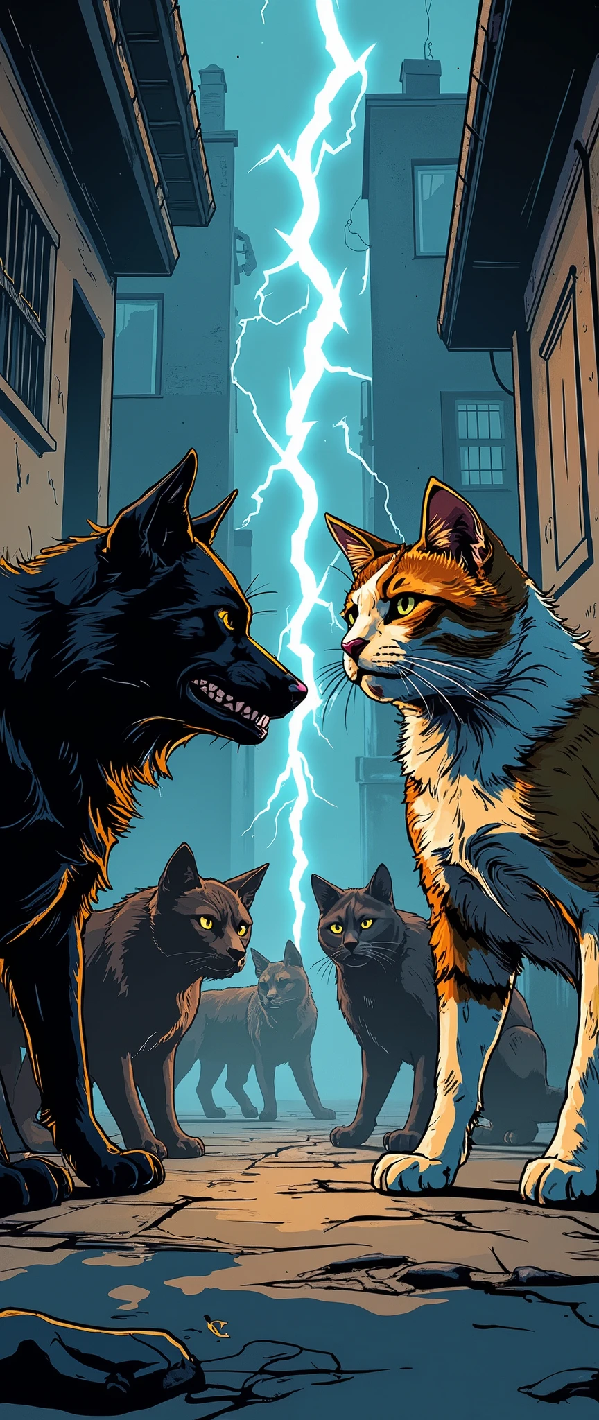 ( Masterpiece:1.2, excellent quality,Mirror Finish , Cinematic Experience , Best Illustrated :2.0), ultra high resolution, very detailed,8k,wallpaper,(犬vs猫:2.0),(Battle Royale:2.0),( Ninxia comic depicting a territorial dispute between dogs and cats :2.0),( Draw lightning in the center of the screen to split the screen:2.0)( and the left side of the screen is text like lightning of dog faction :2.0)(The right side of the screen is cat faction :2.0),(The background is a back alley:2.0),( they stare at each other:2.0),( minimalist:2.0),( comical :2.0),( manga style:2.0),( in the center of the screen "vs" :2.0),( from below:2.0),( dynamic:2.0)