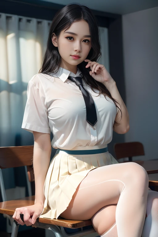 ULZZANG-6500-v1.1, (Raw Photo:1.2), (Photorealistic:1.4), Beautiful Detailed Girl, Very Detailed Eyes and Face, Beautiful Detailed Eyes, Ridiculous, Incredibly Ridiculous, Huge File Size, Ultra Detailed, High Definition, Very Detailed, Best Quality, Masterpiece, Kemomi, ((Wet and Sheer White Blouse)),((Nipple protrusion without bra) ), illustration, very detailed, cg, unified, 8k wallpaper, amazing, fine detail, masterpiece, top quality, highly detailed cg uniform 8k wallpaper, face light, movie lighting, 16 year old girl, (((dynamic pose))), (camel toe), (half), (bare feet), (sitting in classroom))