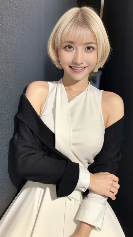 ((Ultra-high resolution)),8K,17 years old、Blonde、Leaning forward to reveal a little cleavage、Small breasts, , Short Bob Cut, Navy blue mini skirt, Red shirt, Front opening of the shirt、Small cleavage 2:1,Idol Sculpture, Wet, smile、Blue Wall、sexy、slender、Shapely small breasts