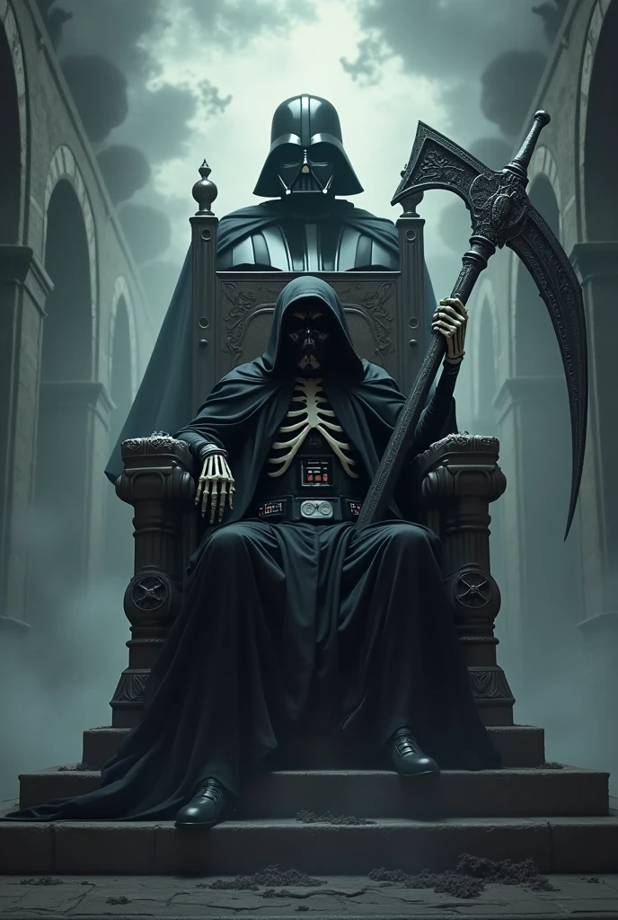 GENERATES THE GRIM REAPER WITH HIS SCYTHE CENTERED ON A THRONE AND }DART VADER NEXT TO