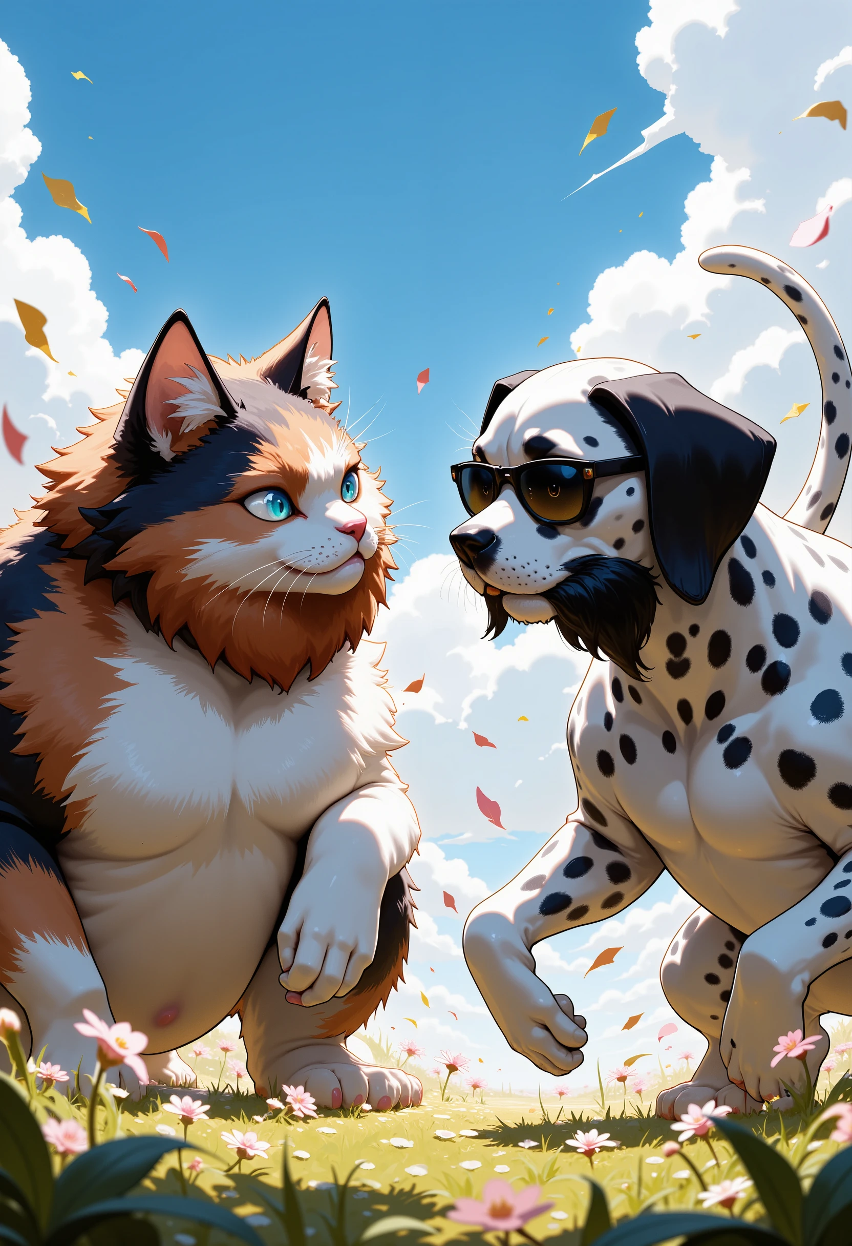 ultra detailed, absolutely resolution, masterpiece
A battle royale between anthropomorphized calico cats (plump, chubby, bearded) and strong anthropomorphized dalmatians (black sunglasses, lethal weapons), territorial disputes, rivalry, no rules, in a tiny field.
cute funny art