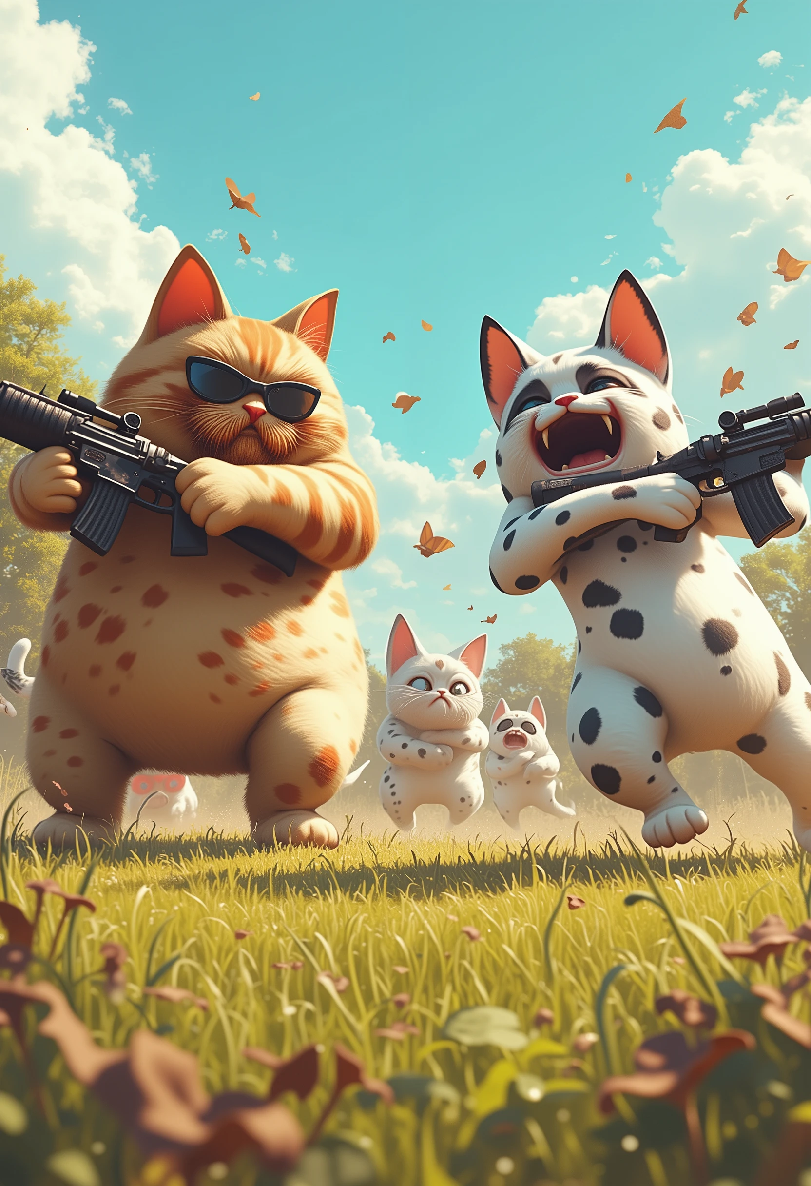 ultra detailed, absolutely resolution, masterpiece
A battle royale between anthropomorphized many calico cats (plump, chubby, bearded) and strong anthropomorphized many dalmatians (black sunglasses, lethal weapons), territorial disputes, rivalry, no rules, in a tiny field.
cute funny art
