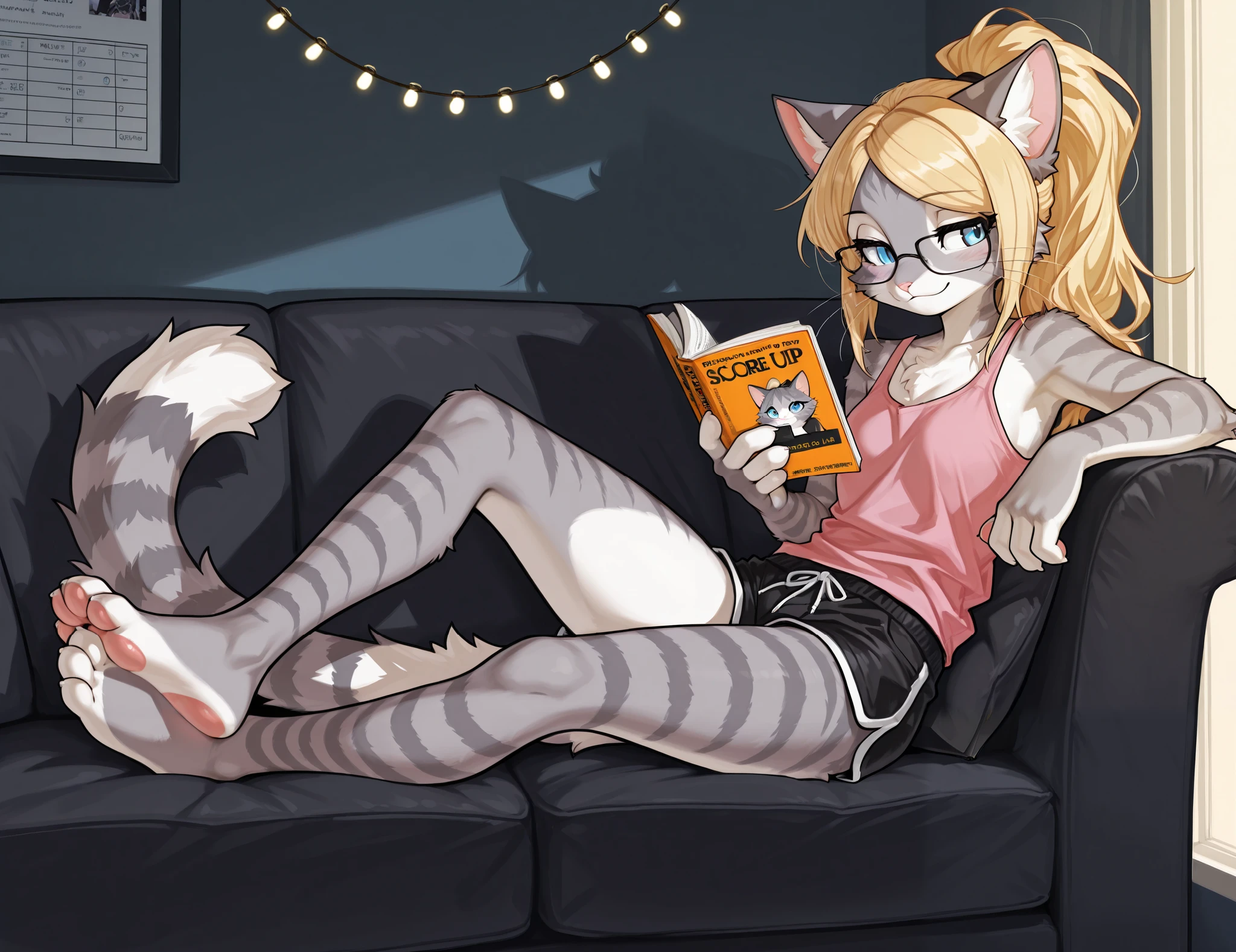 masterpiece,best quality,amazing quality,very aesthetic,absurdres,newest, countershading, solo, kat, Anthro furry cat, blue eyes, smiling, eyes half closed, relaxed, grey striped fur, blonde hair, ponytail hair, , pink nose, whiskers, wearing pink tank top, black short shorts, plantigrade feet paws, four toes, holding and reading a book, looking at book, ponytail, parted bangs, bangs swept to the side, black glasses, lounging on a sofa, she is rubbing her feet together, in a dark dorm room, string lights on the wall, masterpiece,best quality,amazing quality,very aesthetic,absurdres,newest, shy pose