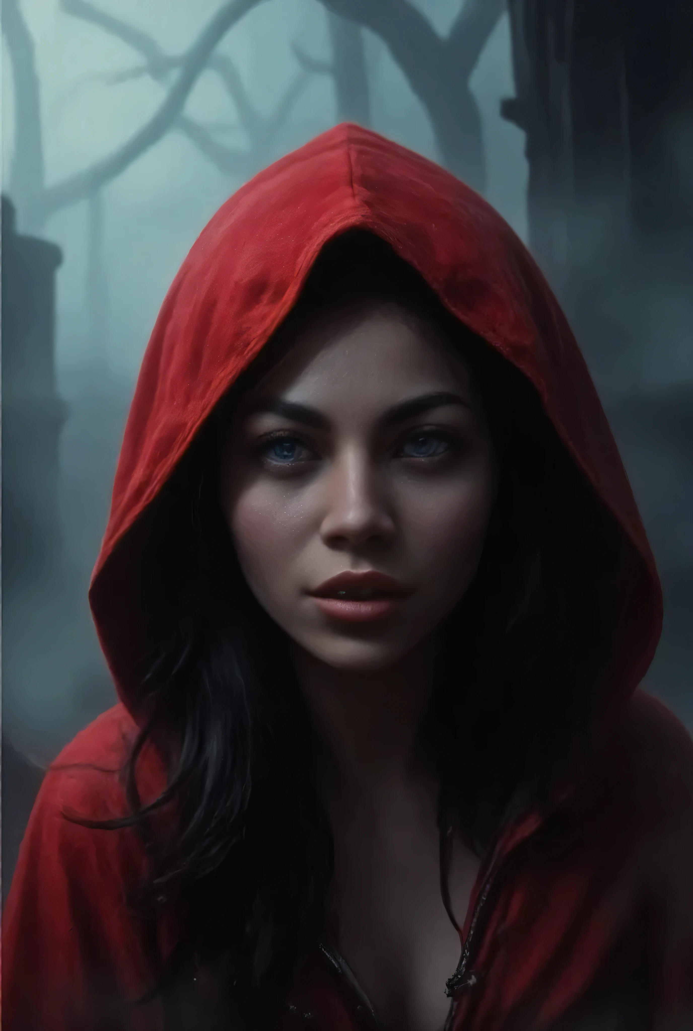 cinematic film still of Little Red Riding Hood a woman in a red hoodie, long hair, looking at viewer, open mouth, blue eyes, black hair, teeth, hood, blurry, fangs, sharp teeth, glowing eyes, hood up, red hood, closeup, shallow depth of field, vignette, highly detailed, high budget, bokeh, cinemascope, moody, epic, gorgeous, film grain, grainy. mist, smokey , fog