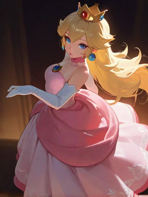 (masterpiece, best quality, ultra detailed, 8k, 4k, hi res, absurdres:1.3) BREAK 1girl, Princess Peach, elegant royal dress, luxurious pink gown with golden accents, white gloves, flowing blonde hair, iconic golden crown, (graceful pose, soft and warm lighting:1.3) (detailed fabric texture, cinematic lighting, fairy tale atmosphere).