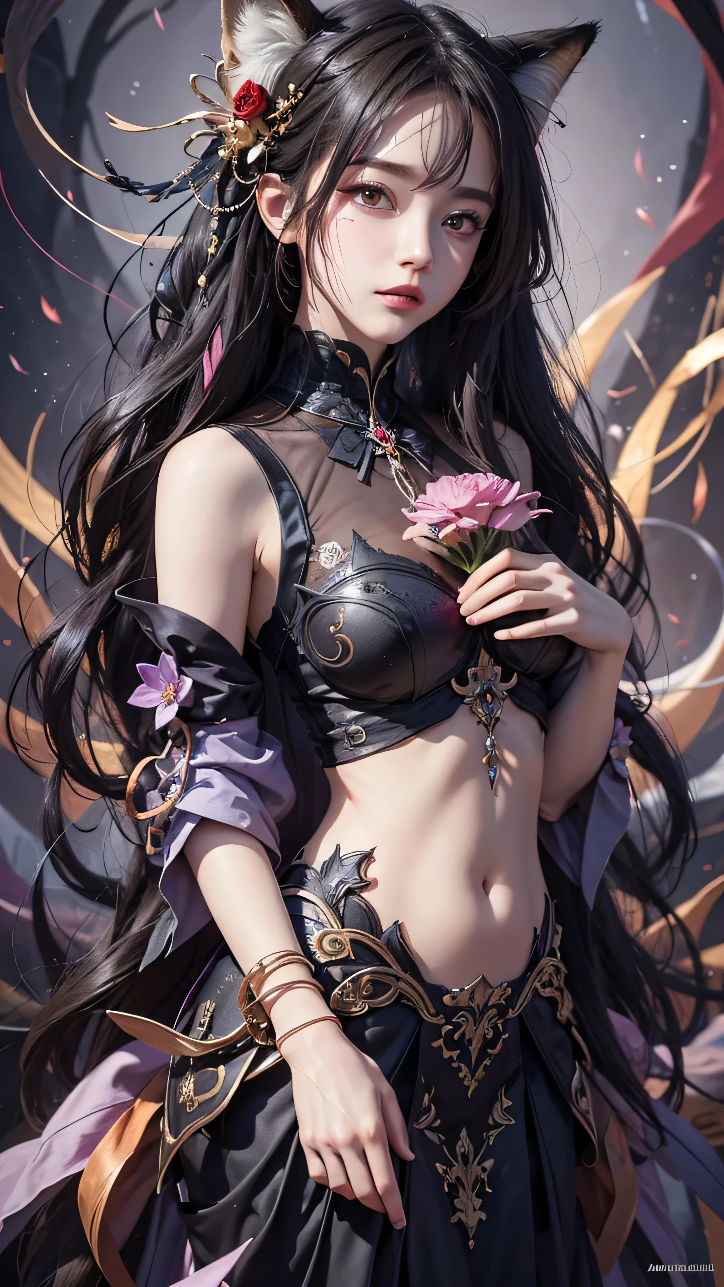 one girl, alone, Official Art, Unity 8k Wallpaper, very detailed, beautiful and aesthetic , Masterpiece, top quality, by Nomi, ( abstract background:1.5) (zIntertwined, Mandala, [ "Intertwined, Intertwined:0.7) Fox Witch, Fox Mask , Haori, Foxfire Spell, foxes are used to it , Transformation, depth of border described , dreamy atmosphere , the most beautiful form of chaos , elegant, dark themes in Fauvism designs, Flower of Death , flower ecstasy,
