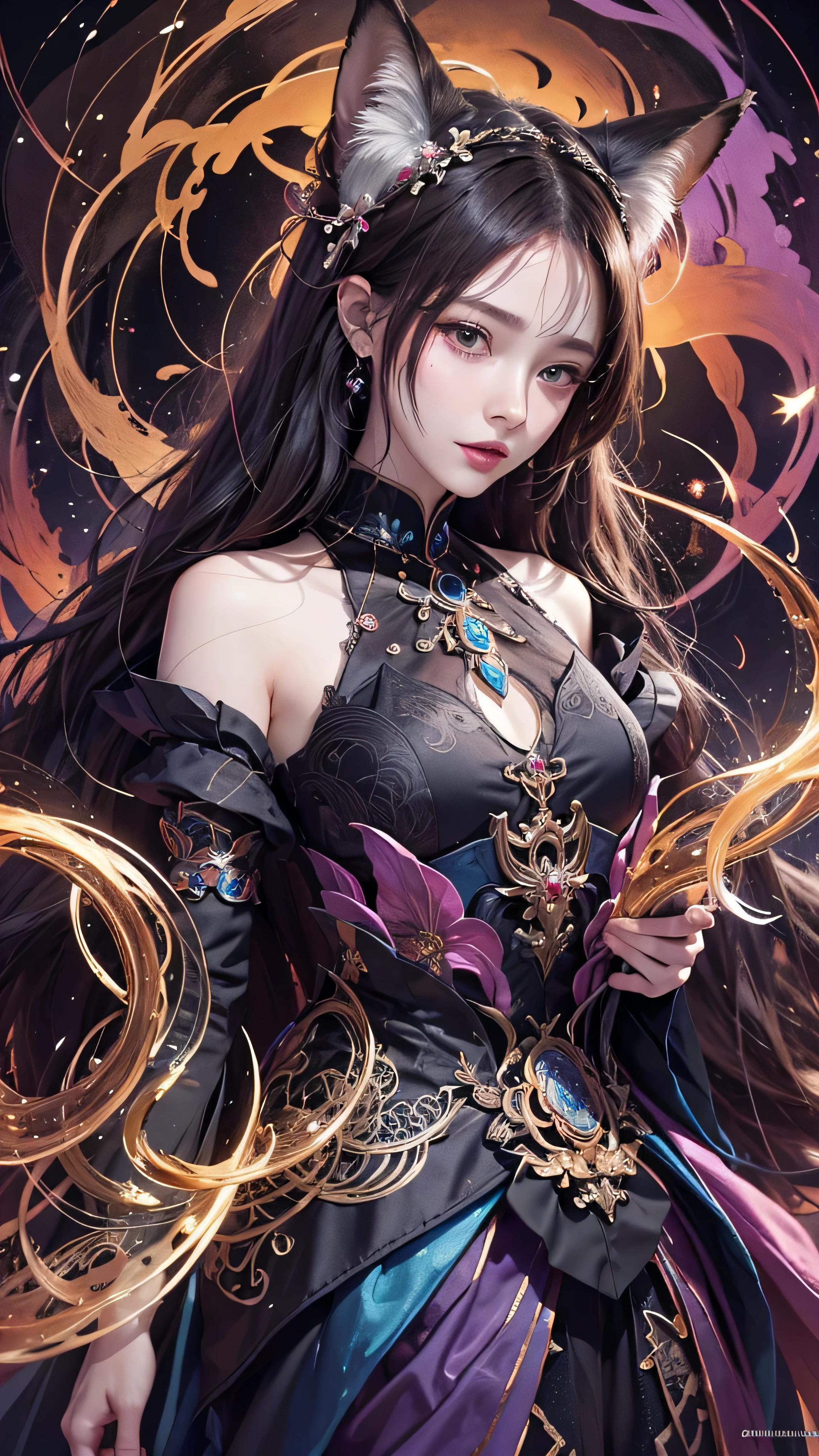 one girl, alone, Official Art, Unity 8k Wallpaper, very detailed, beautiful and aesthetic , Masterpiece, top quality, by Nomi, ( abstract background:1.5) (zIntertwined, Mandala, [ "Intertwined, Intertwined:0.7) Fox Witch, Fox Mask , Haori, Foxfire Spell, foxes are used to it , Transformation, depth of border described , dreamy atmosphere , the most beautiful form of chaos , elegant, dark themes in Fauvism designs, Flower of Death , flower ecstasy,