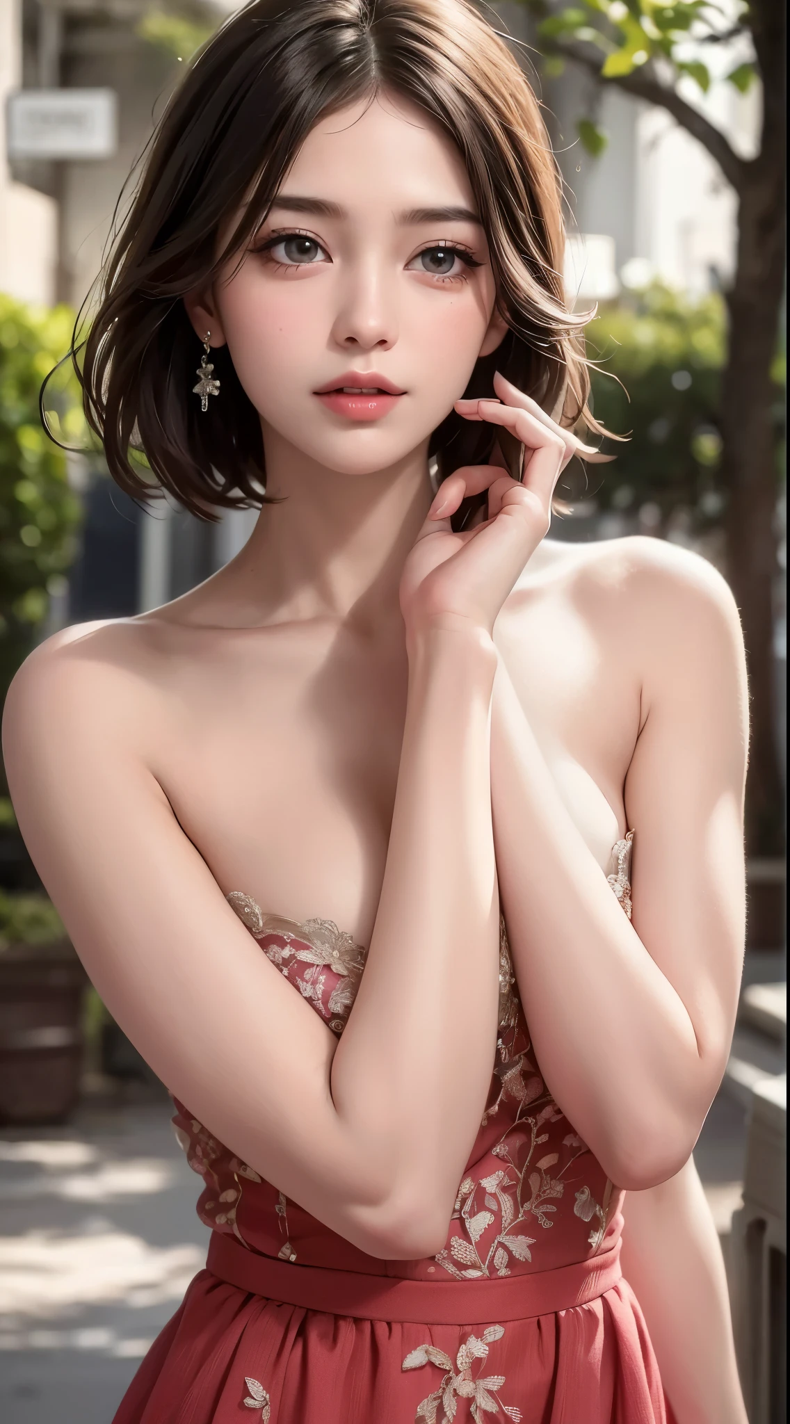 Realistic photography, beautiful woman , short hair ,set , breast