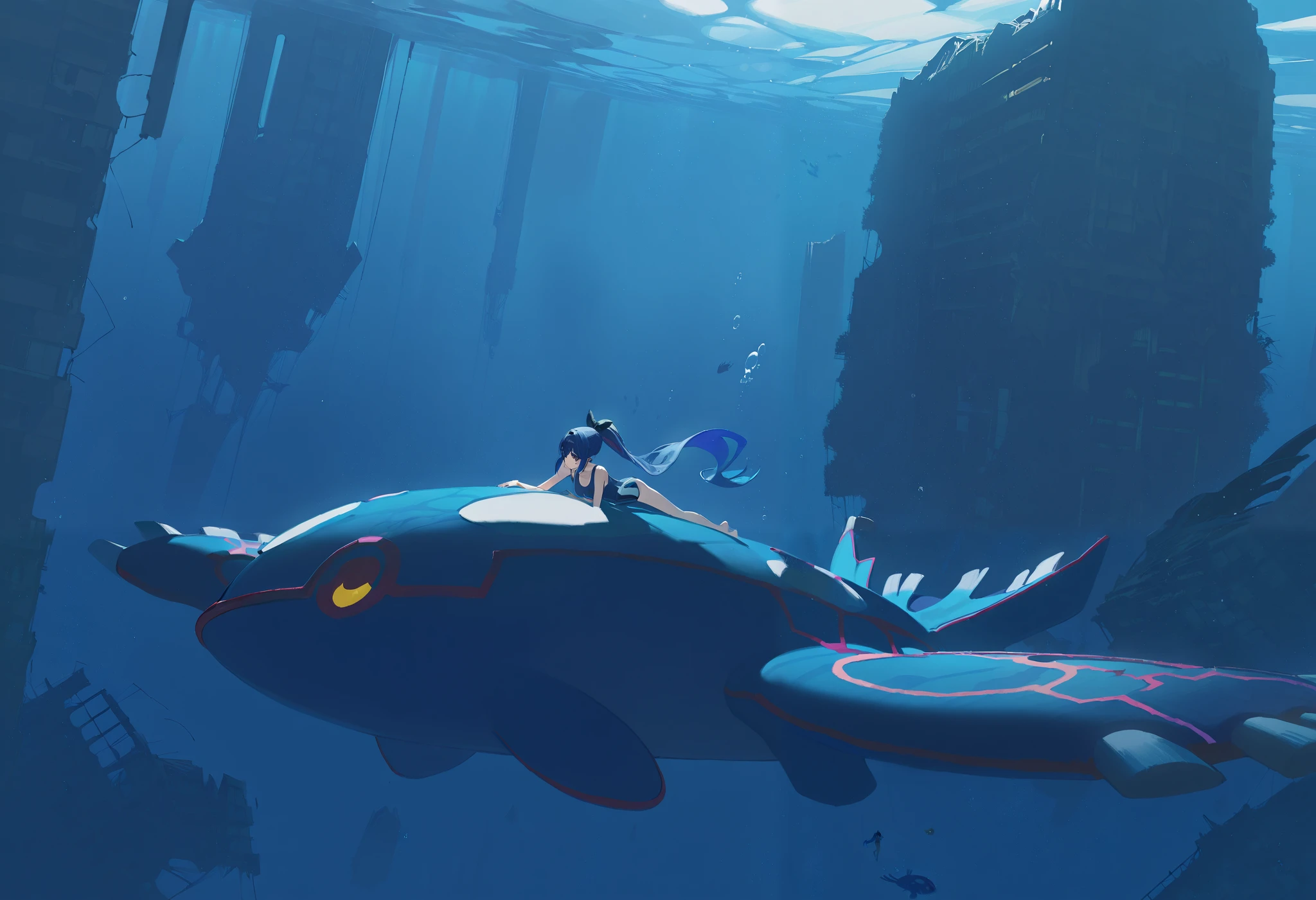 artist:ciloranko,artist:modare,artist:diyokama, astero, scenery, pokemon \(creature\),
best quality, amazing quality, very aesthetic, absurdres, best quality, masterpiece, newest,
underwater,
1girl, Yellow eyes, dark blue hair, sidelocks, blue streaked hair, long hair, high ponytail, hair bow, black bow, swimming, one-piece swimsuit, full body, barefoot, solo, Kyogre,
floating ruins, destroyed buildings, underwater ruins, blue theme,Cinematic Lighting, light particles, bubbles