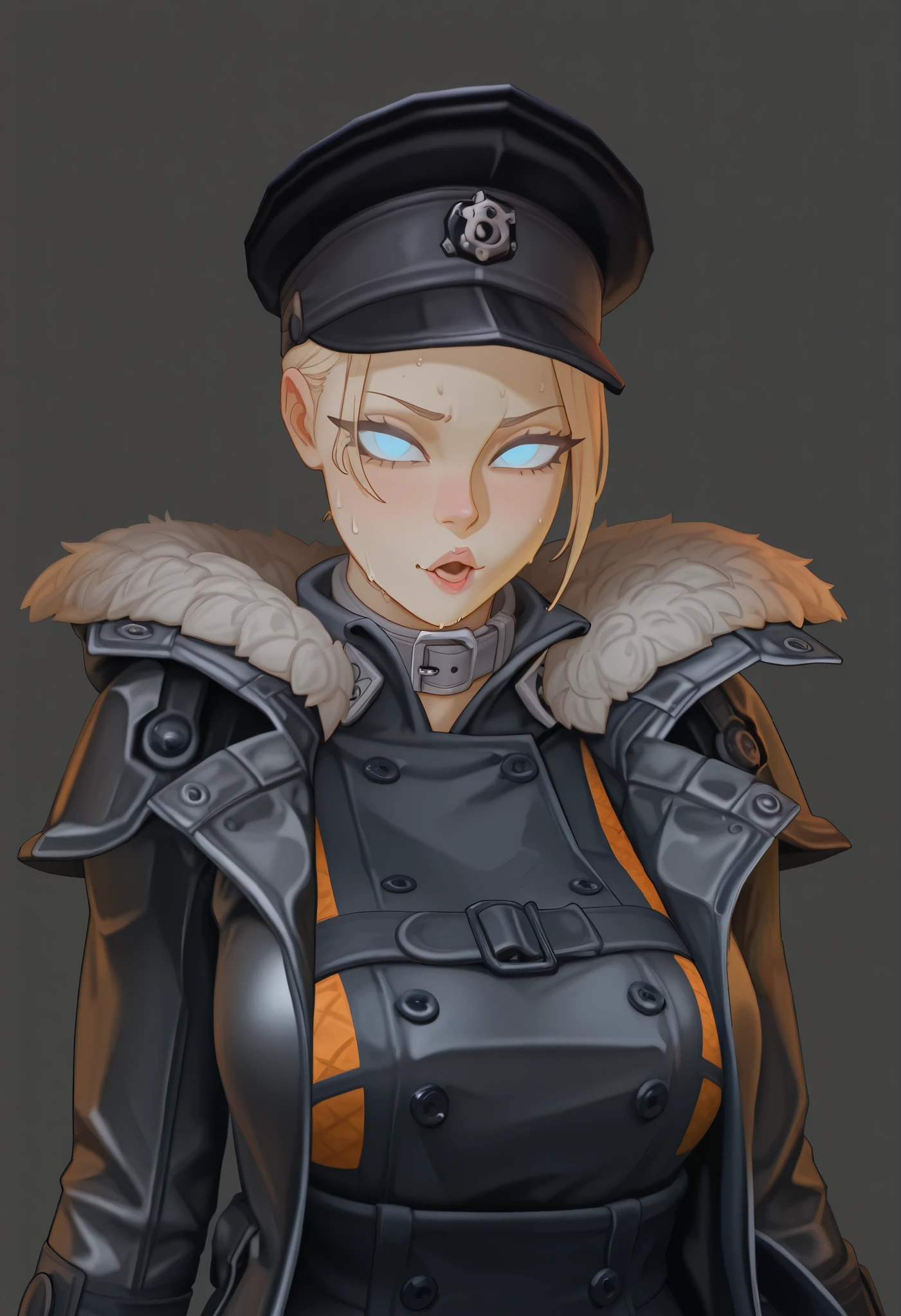 1girl, (testgirl), blonde hair, micro fringe, small empty forehead, light blue eyes,leaning into the viewer's, ((a stern face)), ((shadowed eyes)) , stern gaze, beautiful eyes, (black raincoat),short gray fur collar, ((gray collar)), (black cap) , masterpiece, best quality, amazing quality, contrast, (upper body waist-length), Man Pink Hair Naked Sweat French Kiss